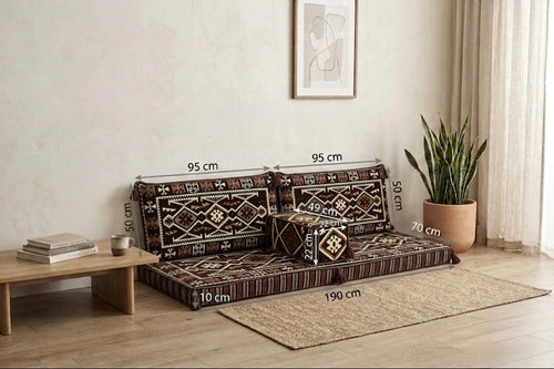 Arabian Majlis Divan Set Floor Cushions with measurements placed in a cozy living space.