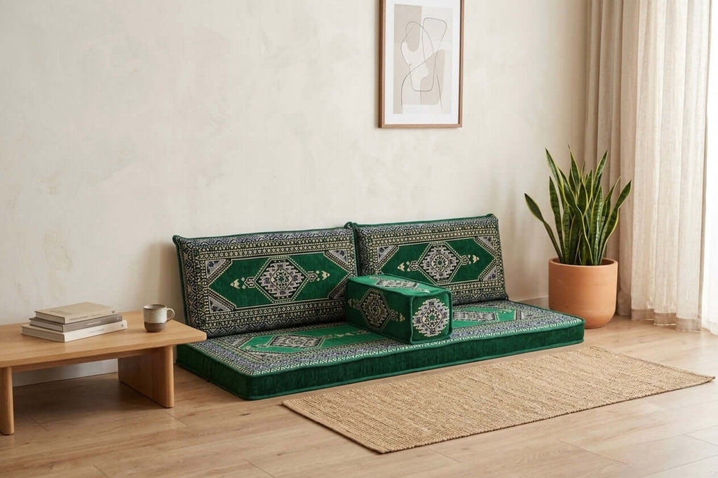 Arabian Majlis Divan Set in green, featuring luxurious Turkish floor cushions in an elegant living space.