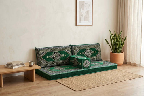 Arabian Majlis Divan Set in green, featuring luxurious Turkish floor cushions in an elegant living space.