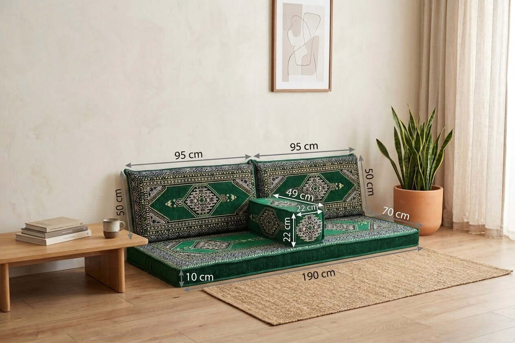 Arabian Majlis Divan Set – Green Palace shown in a stylish living room, perfect for comfort and elegance.