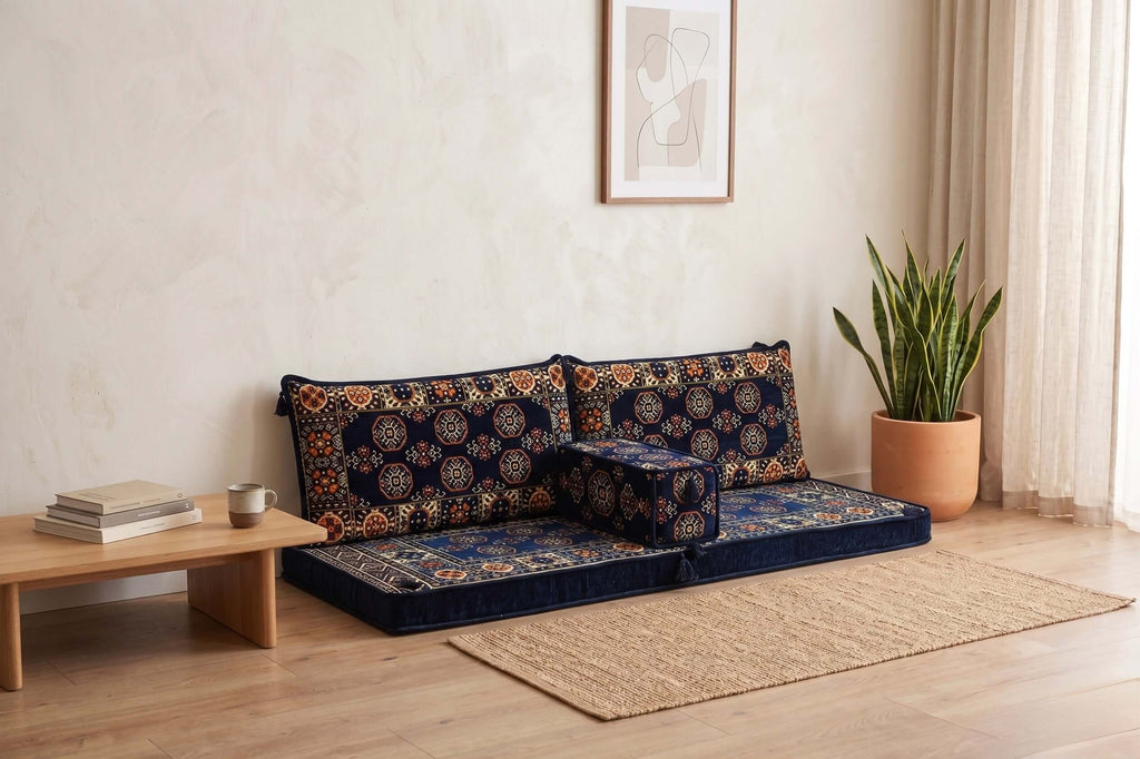 Arabian Majlis Divan Set – Navy Diamond Turkish Floor Cushion Set