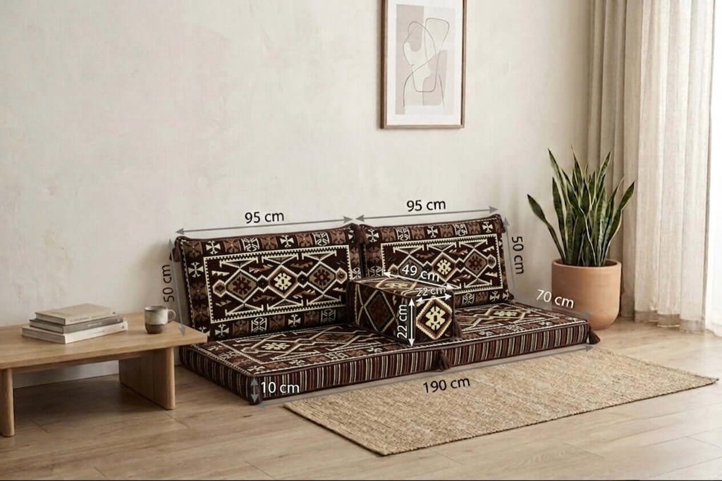 Arabian Majlis Divan Set Floor Cushions with measurements placed in a cozy living space.