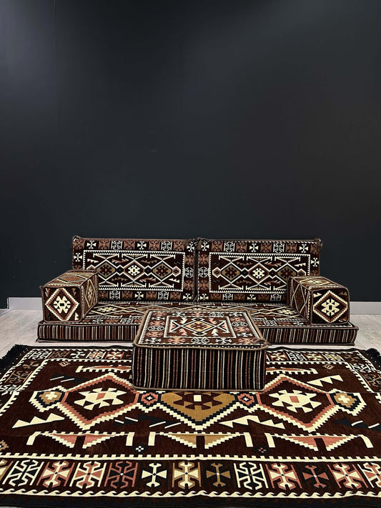 Arabian Majlis (Full Arabic Seat) Brown Serenity-Enhance your living space with our Arabian Majlis (Full Arabic Seat) Divan Set Floor Cushions, the perfect Arabic seat for any home. Made in Turkiye, this set includes 100% cotton washable covers and firm s