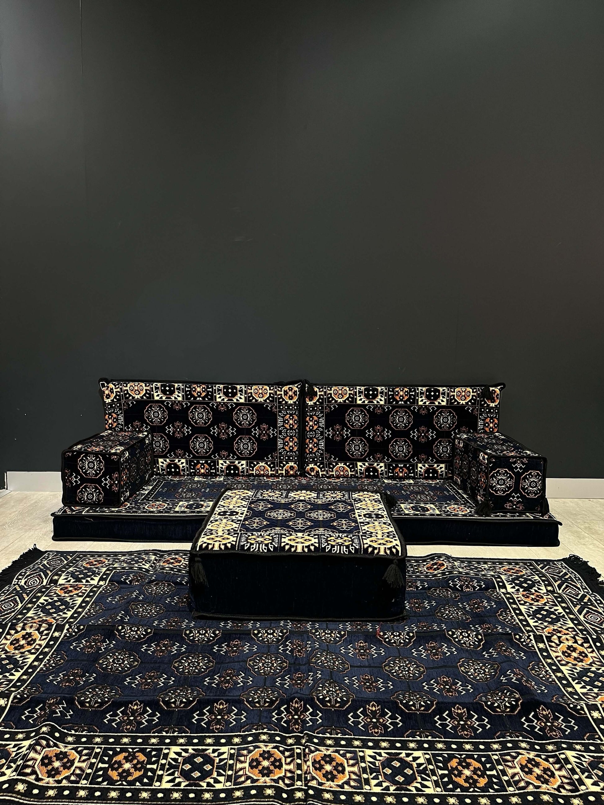 Arabian Majlis (Full Arabic Seat) Navy Diamond-Enhance your living space with our Arabian Majlis (Full Arabic Seat) Divan Set Floor Cushions, the perfect Arabic seat for any home. Made in Turkiye, this set includes 100% cotton washable covers and firm spo