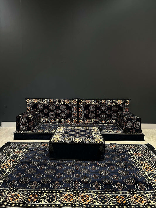 Arabian Majlis (Full Arabic Seat) Navy Diamond-Enhance your living space with our Arabian Majlis (Full Arabic Seat) Divan Set Floor Cushions, the perfect Arabic seat for any home. Made in Turkiye, this set includes 100% cotton washable covers and firm spo