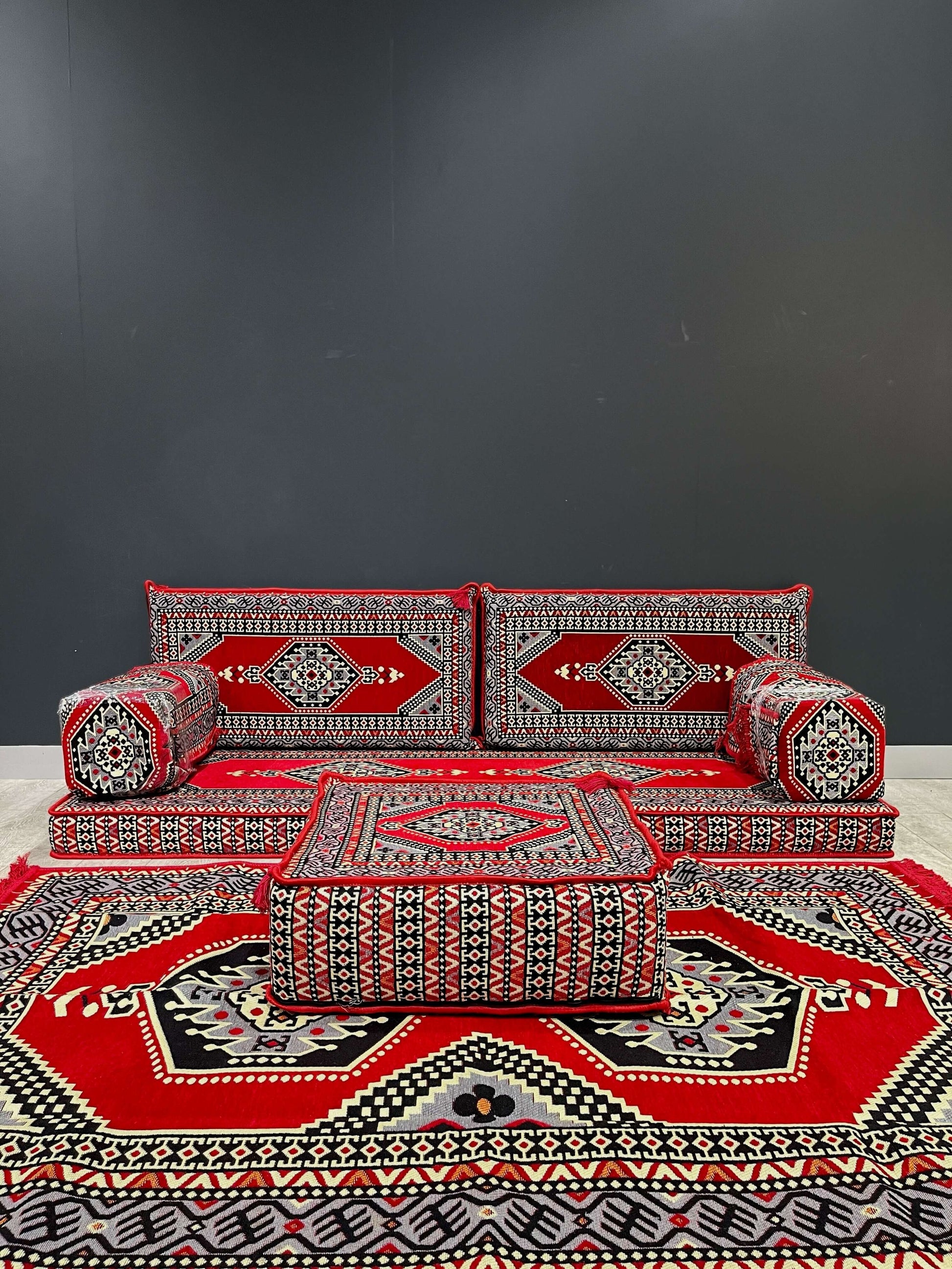Arabian Majlis (Full Arabic Seat) Red Palace-Enhance your living space with our Arabian Majlis (Full Arabic Seat) Divan Set Floor Cushions, the perfect Arabic seat for any home. Made in Turkiye, this set includes 100% cotton washable covers and firm spong
