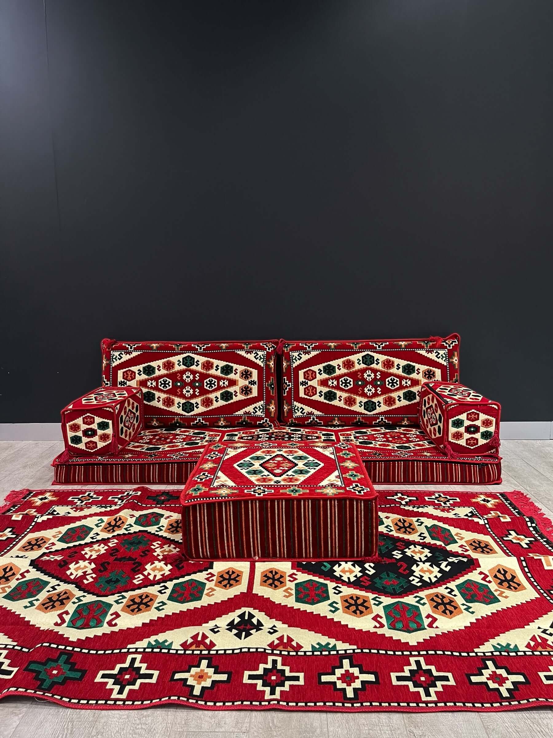 Arabian Majlis (Full Arabic Seat) Red Royal-Enhance your living space with our Arabian Majlis (Full Arabic Seat) Divan Set Floor Cushions, the perfect Arabic seat for any home. Made in Turkiye, this set includes 100% cotton washable covers and firm sponge