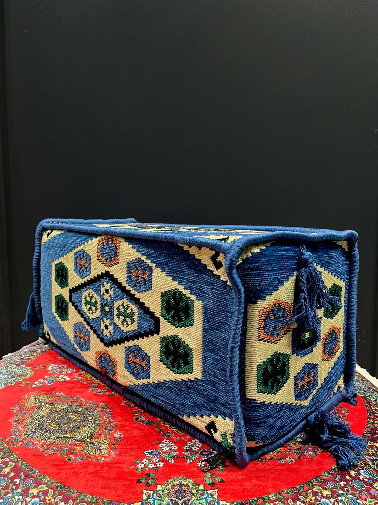 Armrest (Blue Majlis Classic)-Experience the comfort of traditional Turkish armrests, designed with high-quality covers, supported by a sturdy sponge, and display artisanal craftsmanship. Enjoy a colorful and vibrant design that adds a unique touch to any