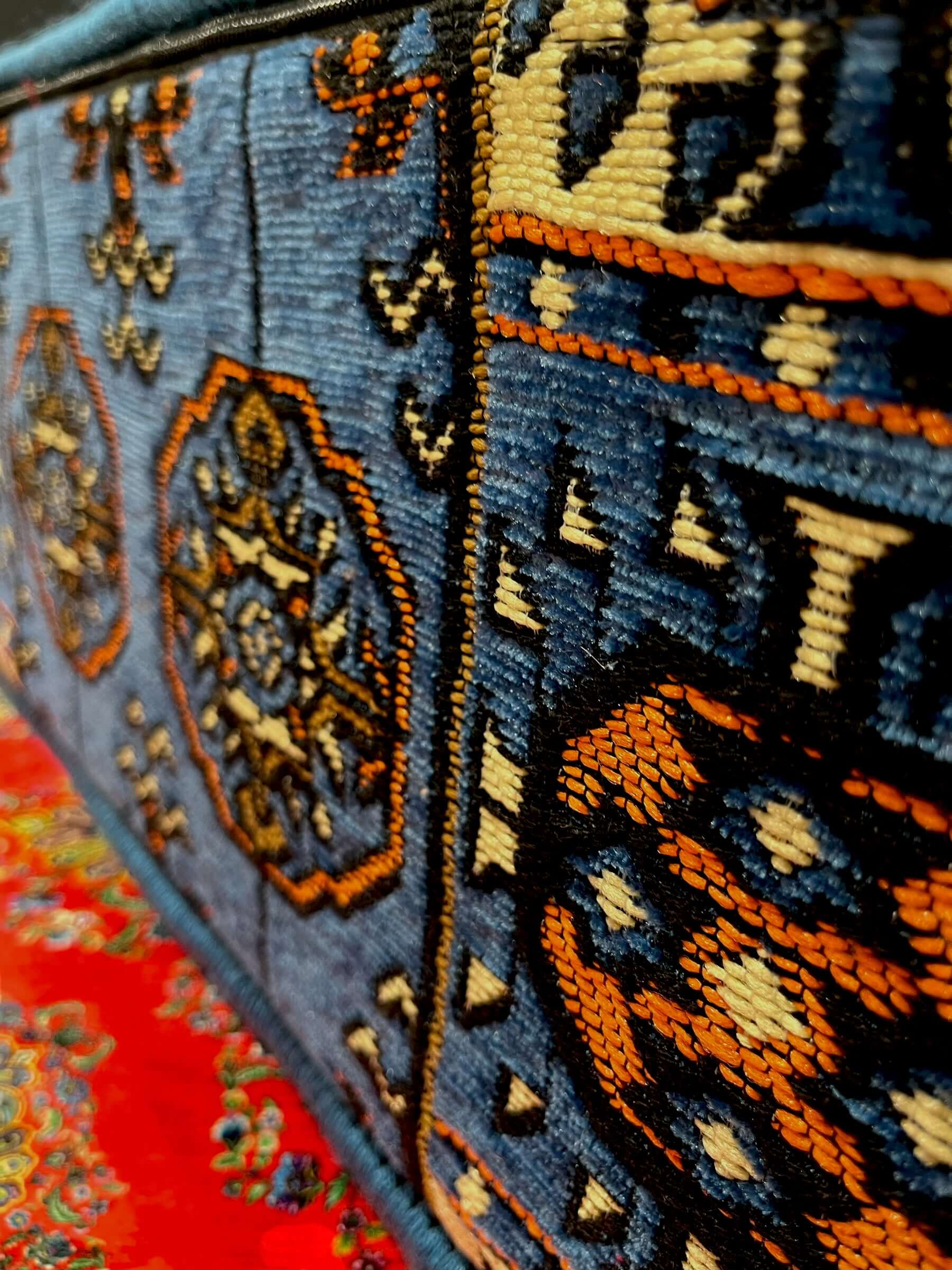 Traditional Turkish Armrest Cushion showcasing vibrant blue and intricate pattern detail.
