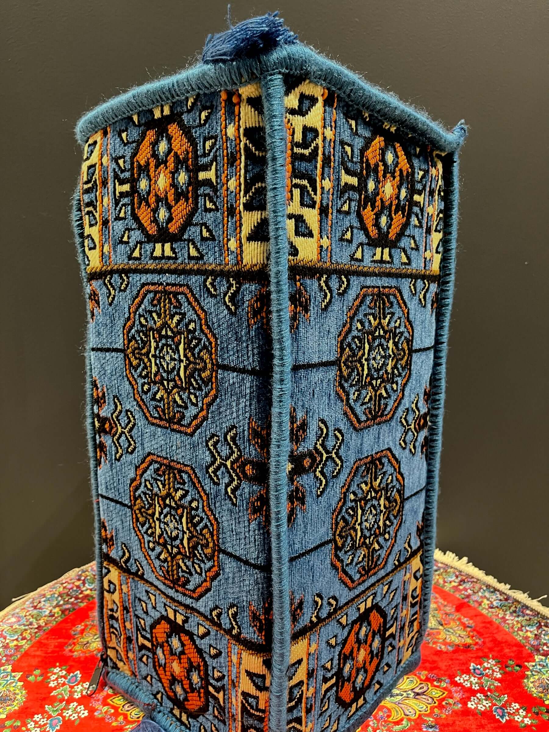 Traditional Turkish Armrest Cushion in blue diamond pattern, providing comfort and vibrant decor.