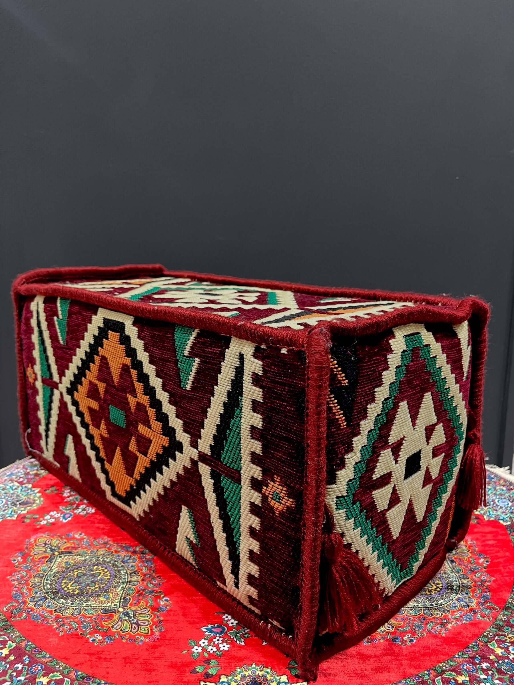 Traditional Turkish Armrest with intricate patterns in maroon and cream for vibrant floor seating support.