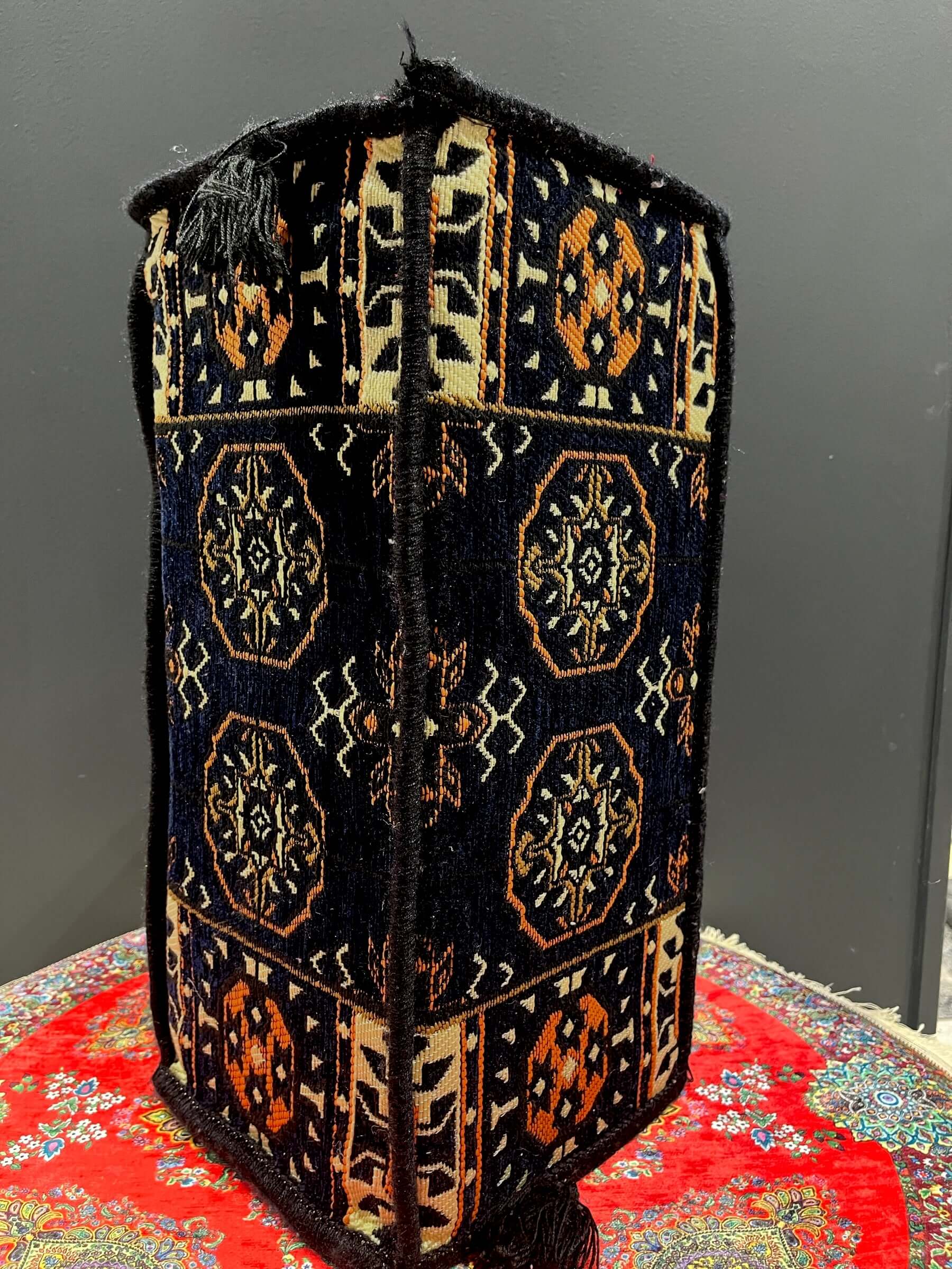 Traditional Turkish Armrest Cushion in navy diamond pattern, offering vibrant floor seating support.