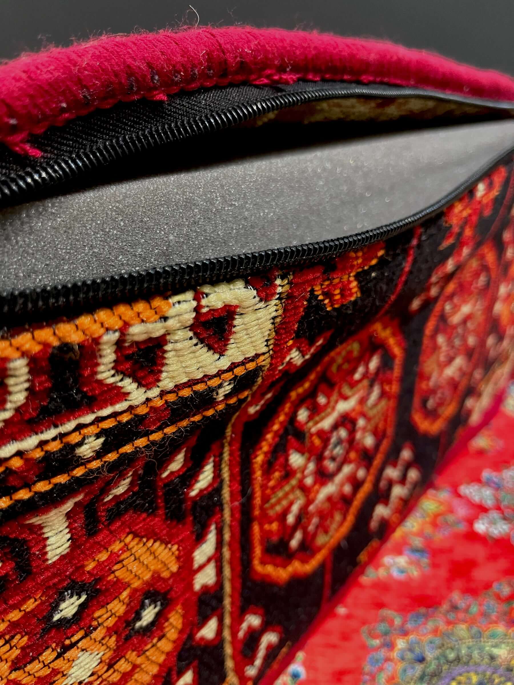 Traditional Turkish Armrest Cushion showcasing vibrant red and intricate patterns for colorful floor seating support.