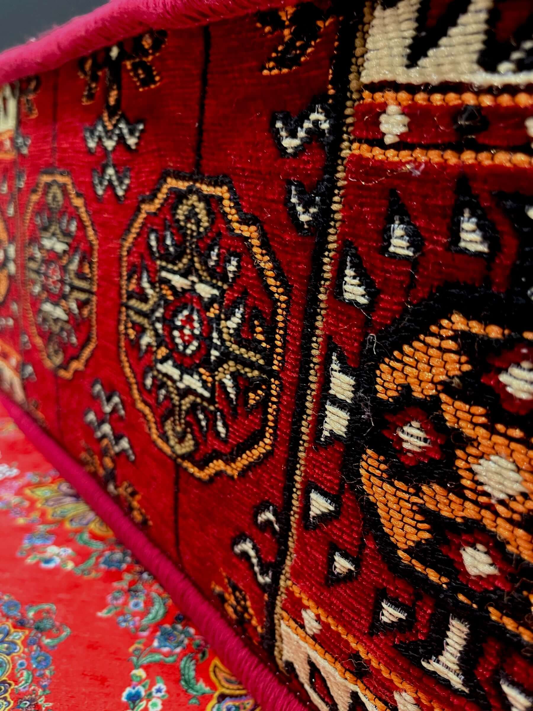 Traditional Turkish Armrest with intricate red and gold patterns, perfect for adding comfort and style to any seating.
