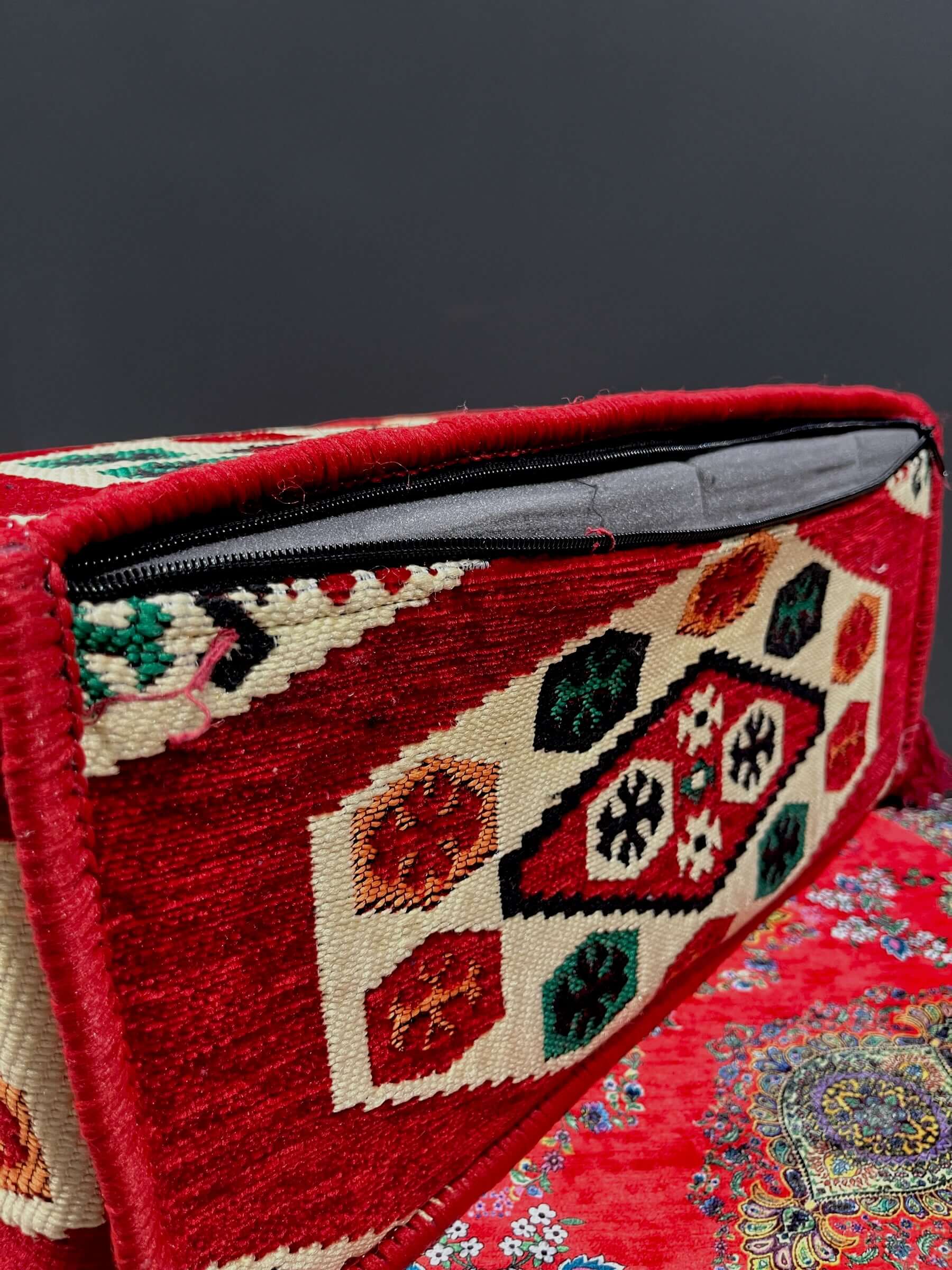Traditional Turkish Armrest – Red Royal Fabric Cover with Colorful Patterns