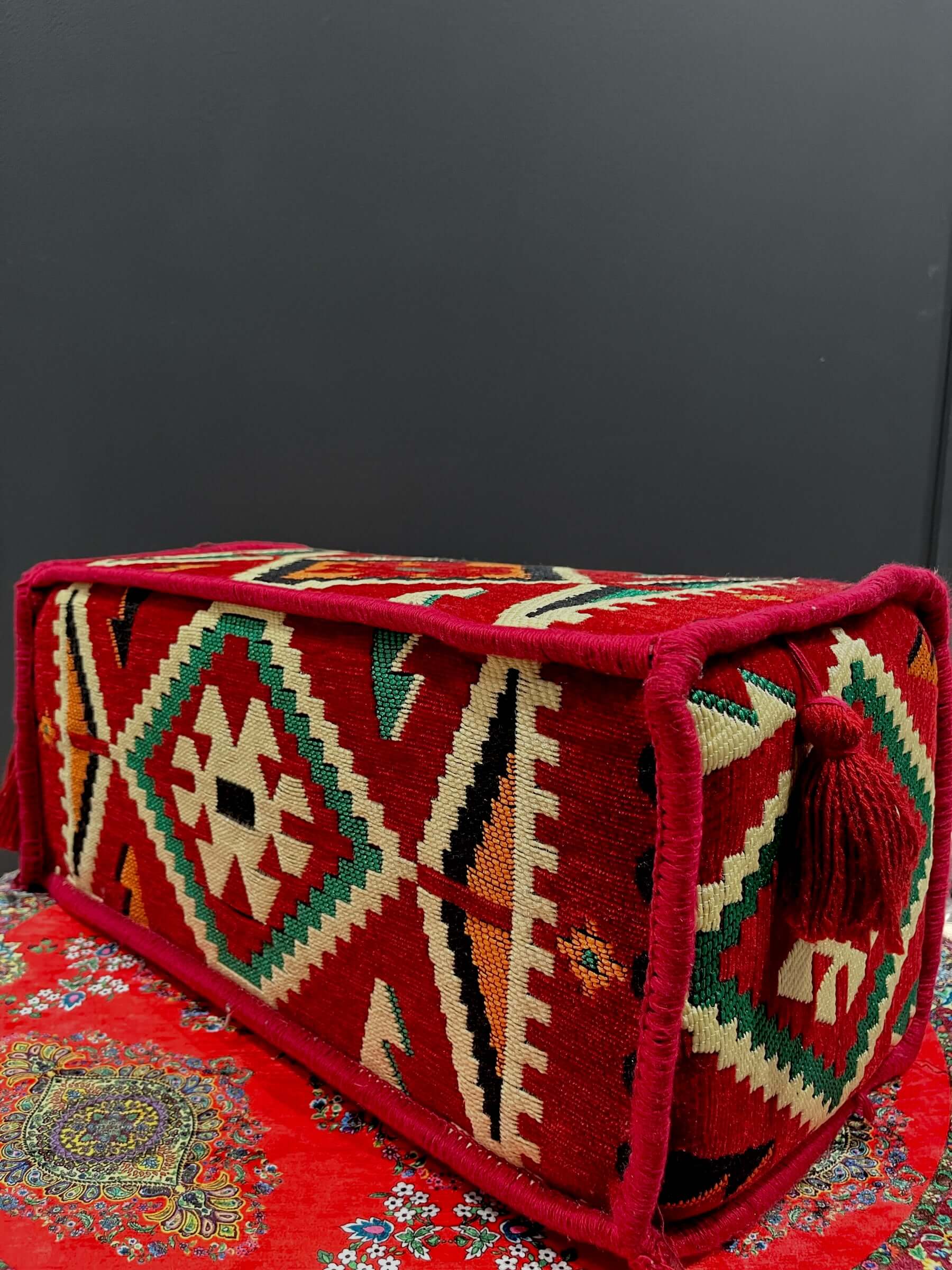 Traditional Turkish Armrest Cushion in a vibrant red design with intricate patterns for colorful floor seating support.