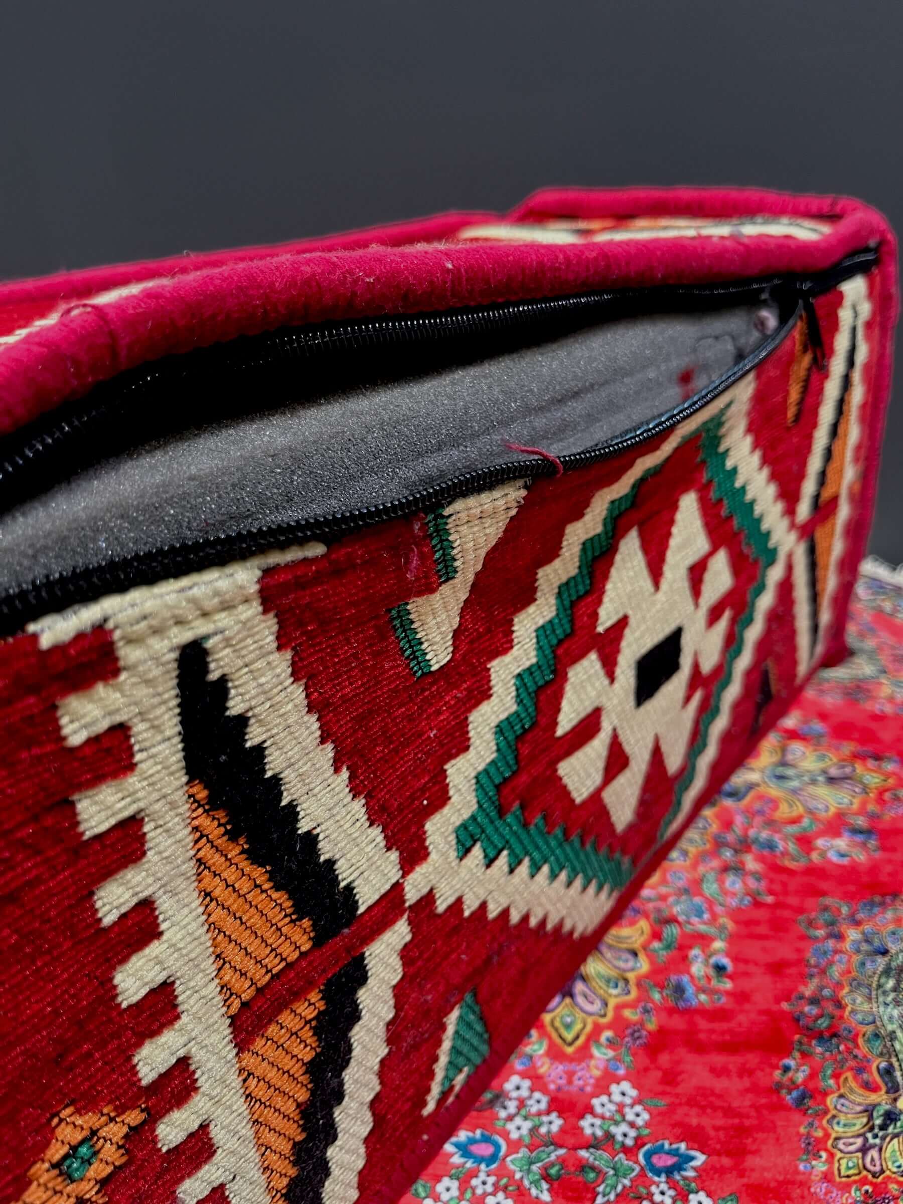 Traditional Turkish Armrest Cushion with colorful patterns and zip closure detail, perfect for vibrant floor seating.