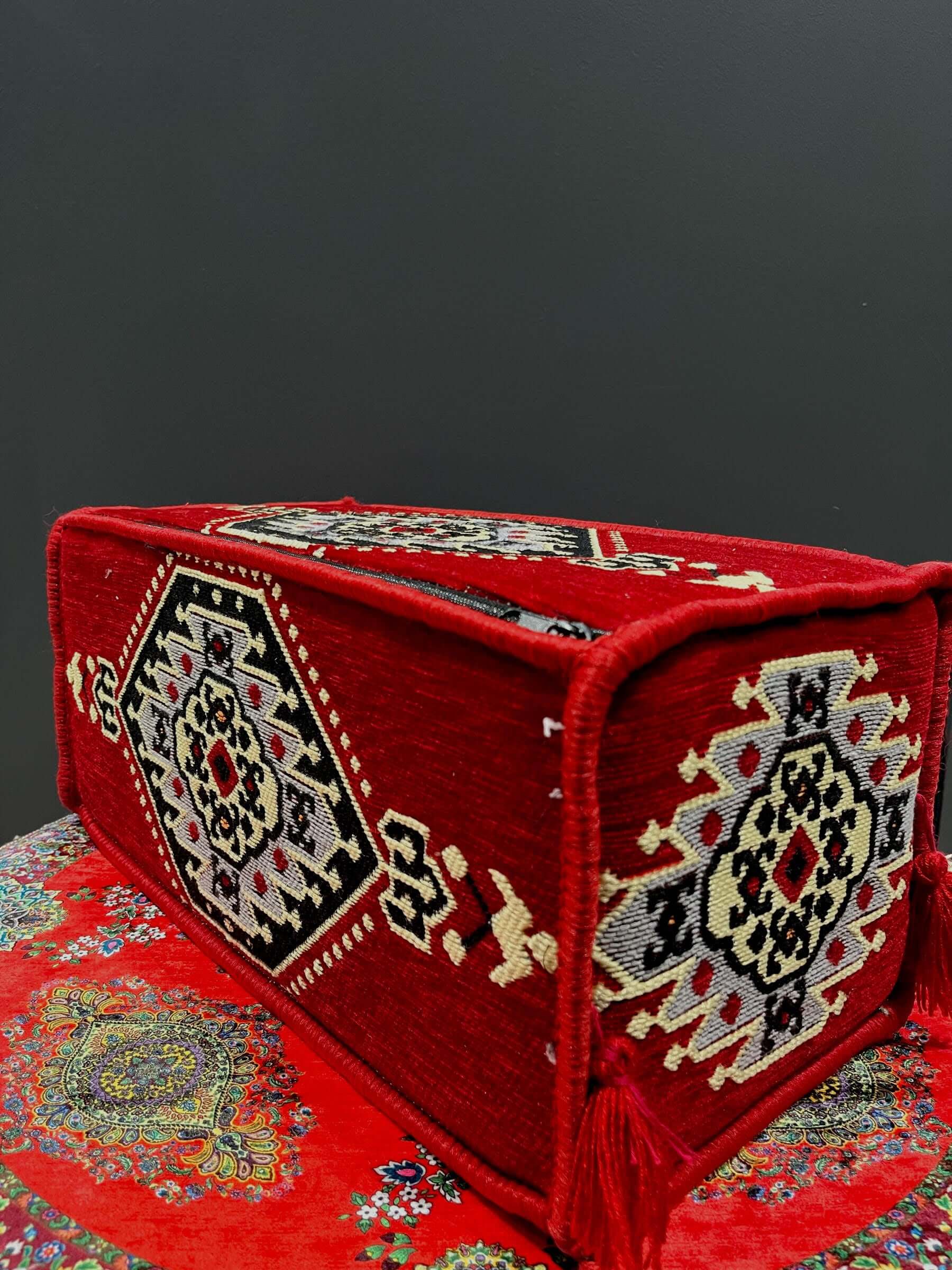 Traditional Turkish Armrest cushion in vibrant red with detailed patterns, perfect for floor seating support.