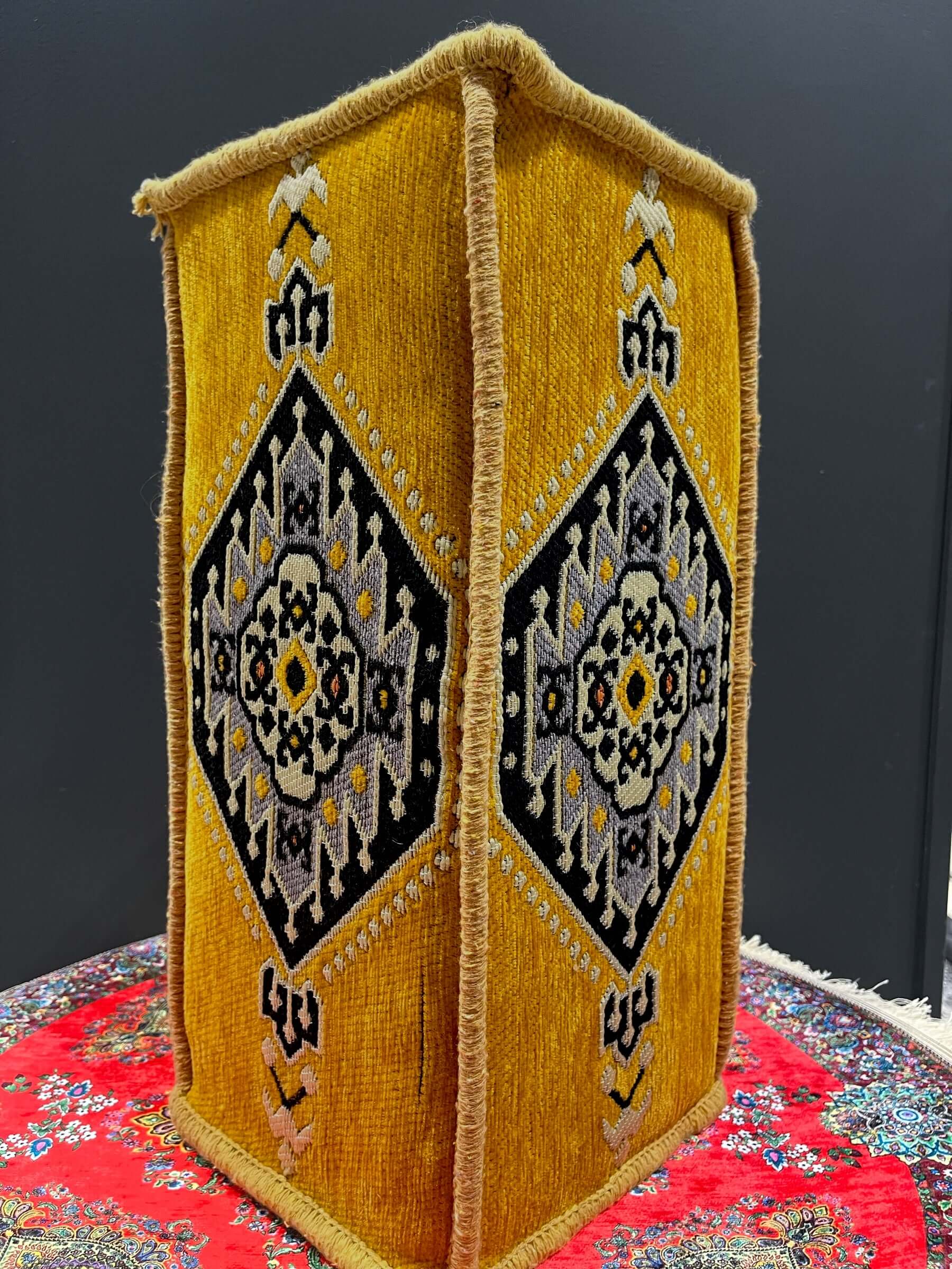 Traditional Turkish Armrest cushion in vibrant yellow with ornate patterns for comfortable seating support.