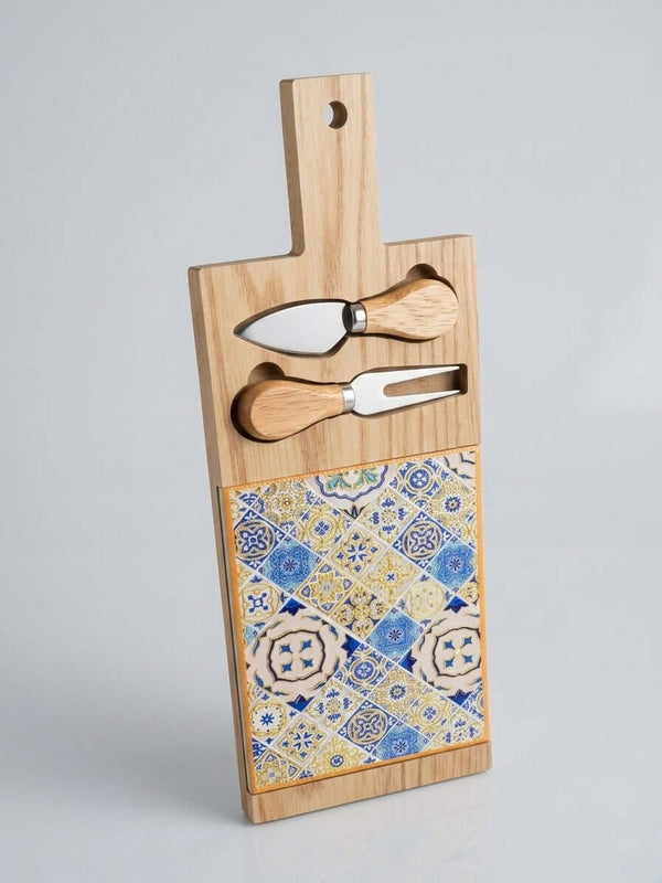 Artisan Wood & Turkish Tile Cheese Board Set with cheese knives, featuring a vibrant tiled design and natural wood finish.