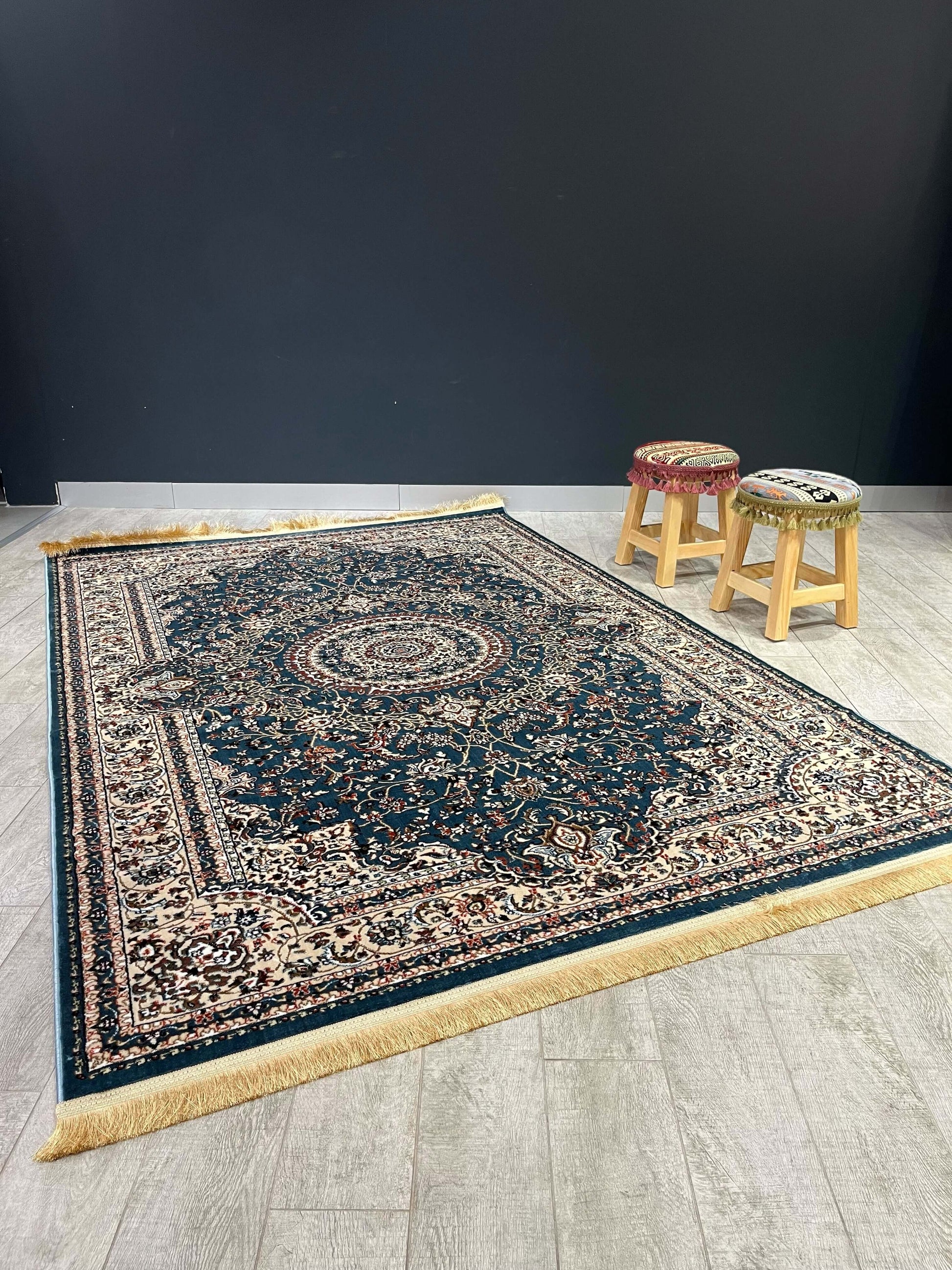 Asaryun Turkish Rugs Bazaar G-Discover the perfect blend of tradition and modernity with our Turkish polyester rug. Featuring a rich blue background with intricate patterns, this durable, easy-to-maintain rug adds elegance to any space. Ideal for high-tra