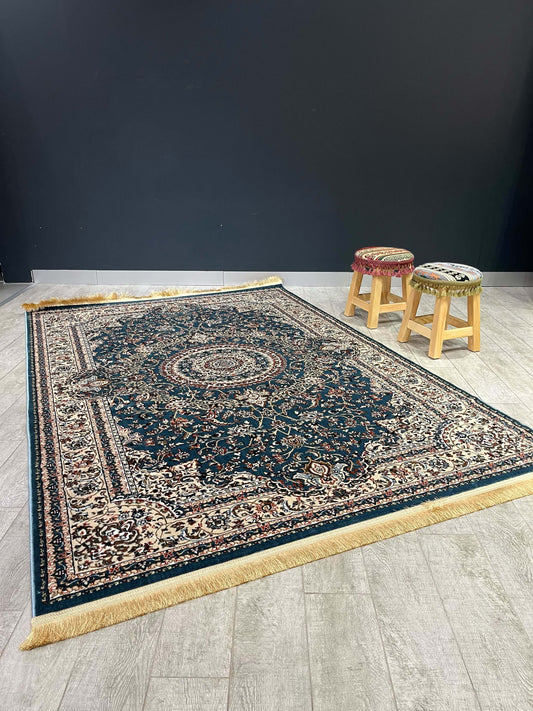 Asaryun Turkish Rugs Bazaar G-Discover the perfect blend of tradition and modernity with our Turkish polyester rug. Featuring a rich blue background with intricate patterns, this durable, easy-to-maintain rug adds elegance to any space. Ideal for high-tra