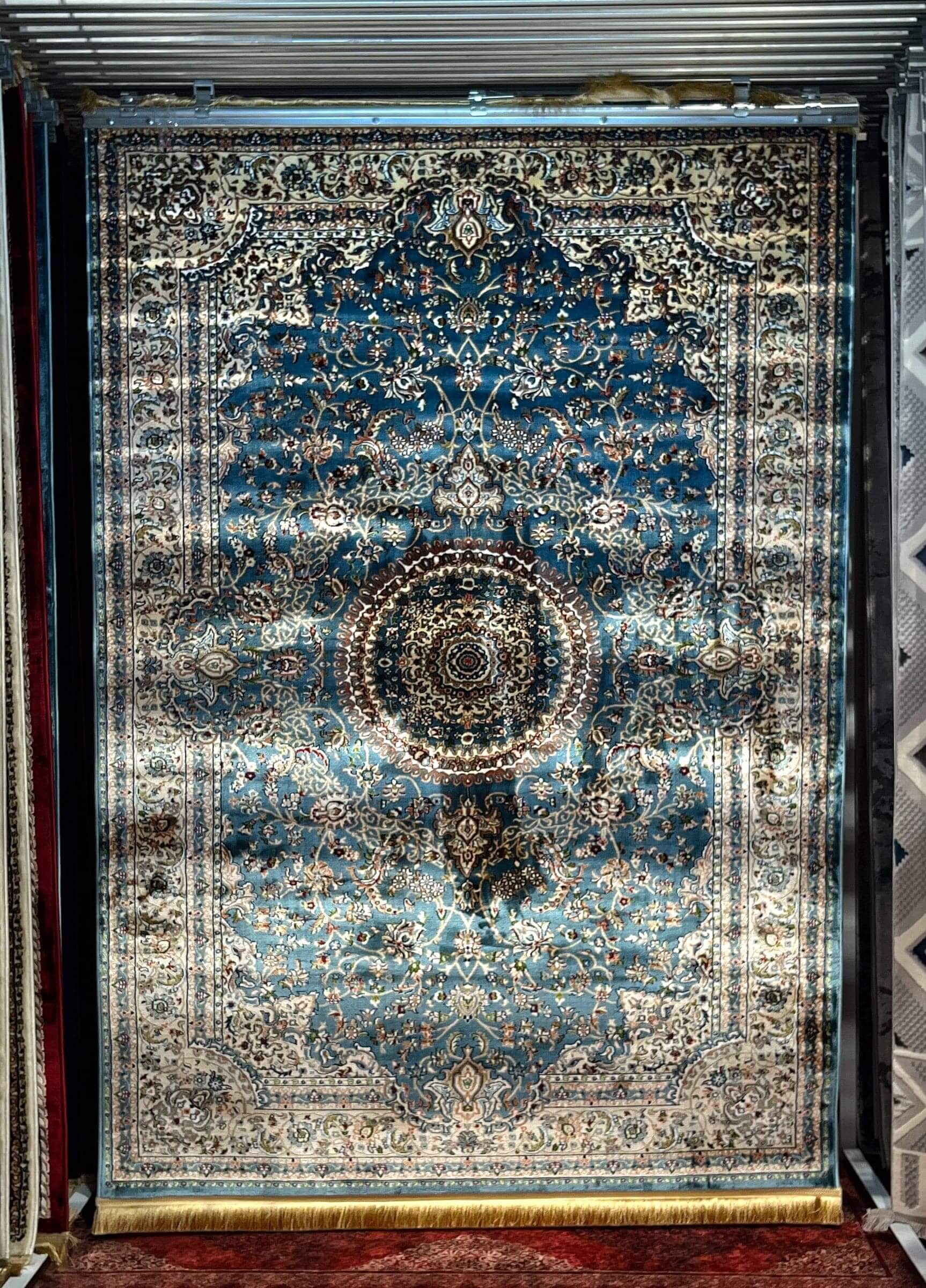 Asaryun Turkish Rugs Bazaar G-Discover the perfect blend of tradition and modernity with our Turkish polyester rug. Featuring a rich blue background with intricate patterns, this durable, easy-to-maintain rug adds elegance to any space. Ideal for high-tra