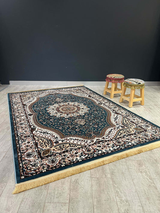 Asaryun Turkish Rugs Bazaar G-Discover the perfect blend of tradition and modernity with our Turkish polyester rug. Featuring a rich blue background with intricate patterns, this durable, easy-to-maintain rug adds elegance to any space. Ideal for high-tra