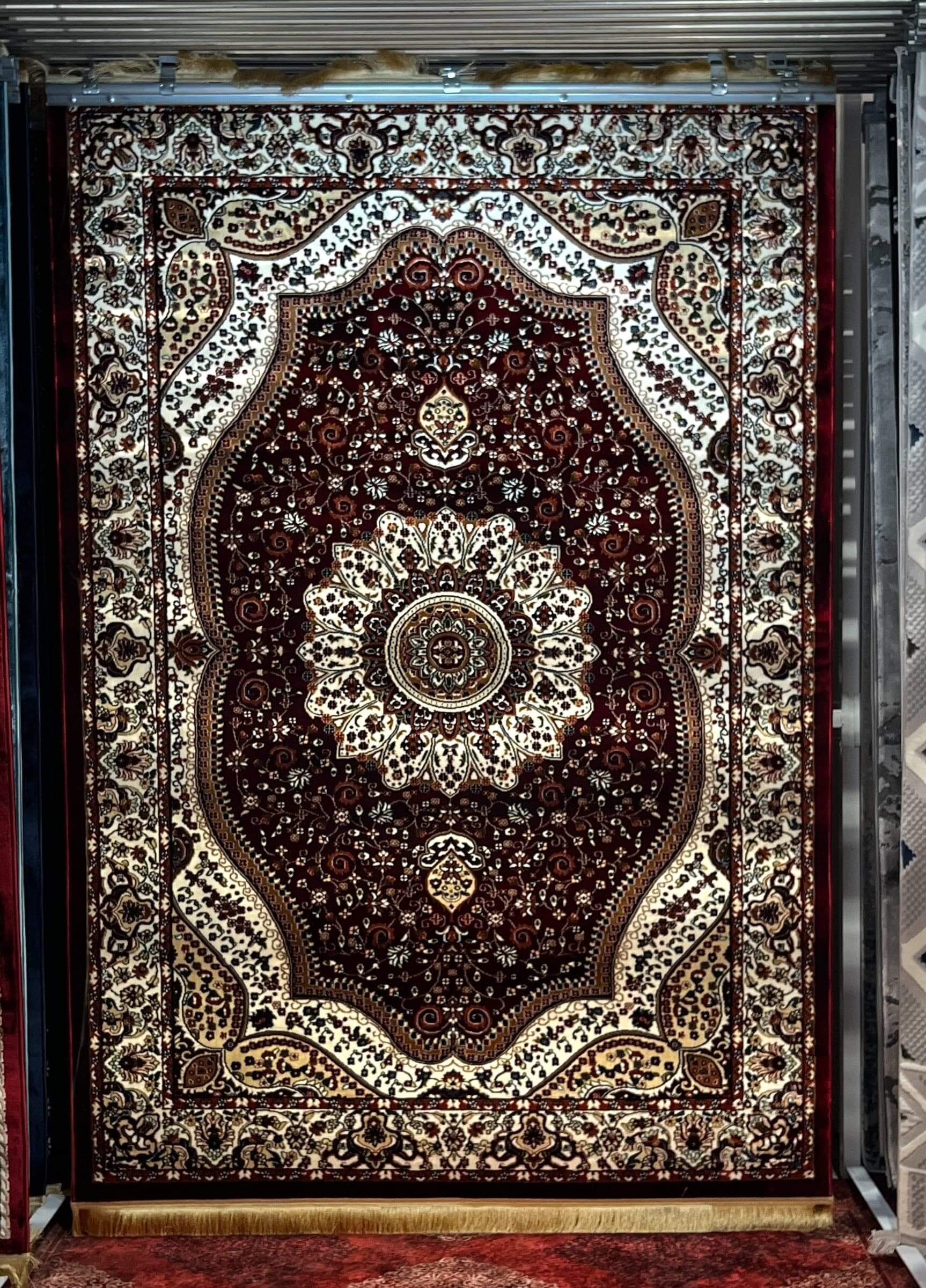 Asaryun Turkish Rug with intricate dark red design and traditional patterns, perfect for home decor.