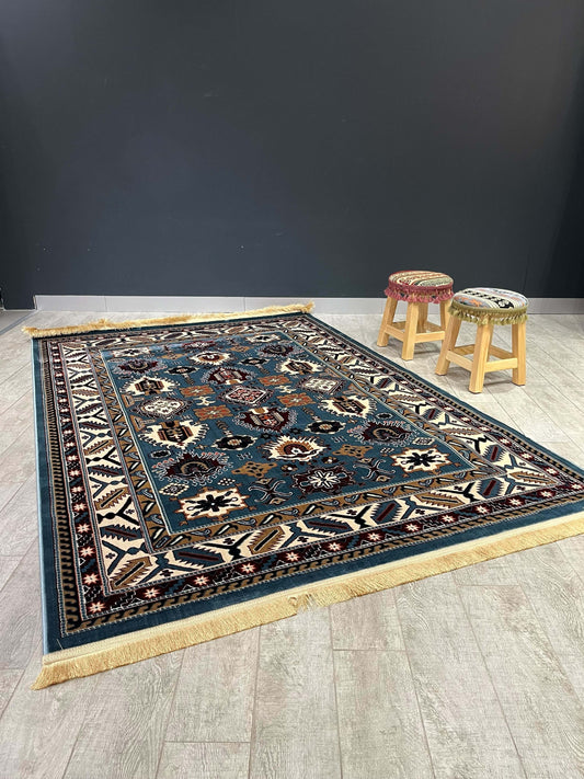Asaryun Turkish Rugs Bazaar G-Discover the perfect blend of tradition and modernity with our Turkish polyester rug. Featuring a rich blue background with intricate patterns, this durable, easy-to-maintain rug adds elegance to any space. Ideal for high-tra