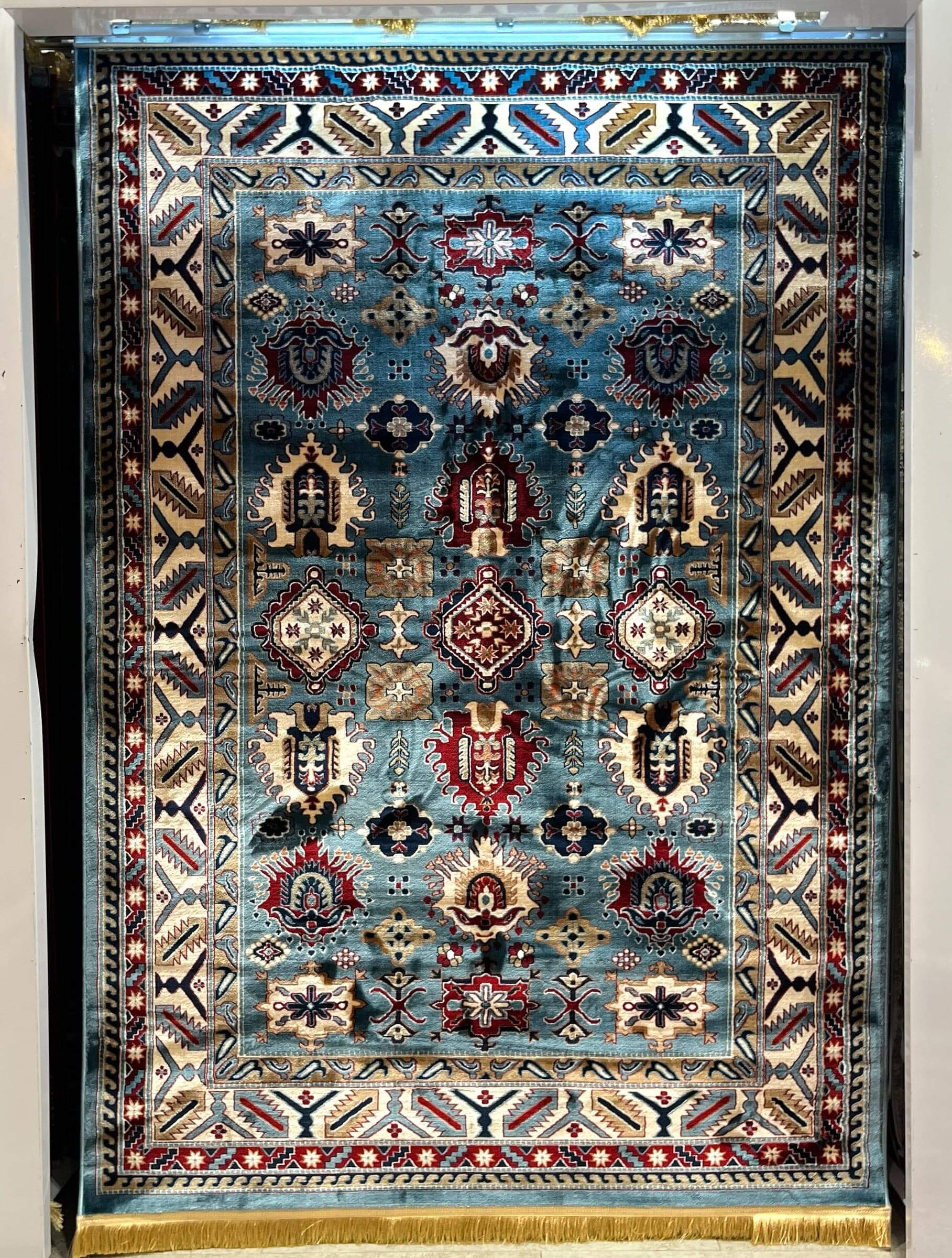 Asaryun Turkish Rugs Bazaar G-Discover the perfect blend of tradition and modernity with our Turkish polyester rug. Featuring a rich blue background with intricate patterns, this durable, easy-to-maintain rug adds elegance to any space. Ideal for high-tra