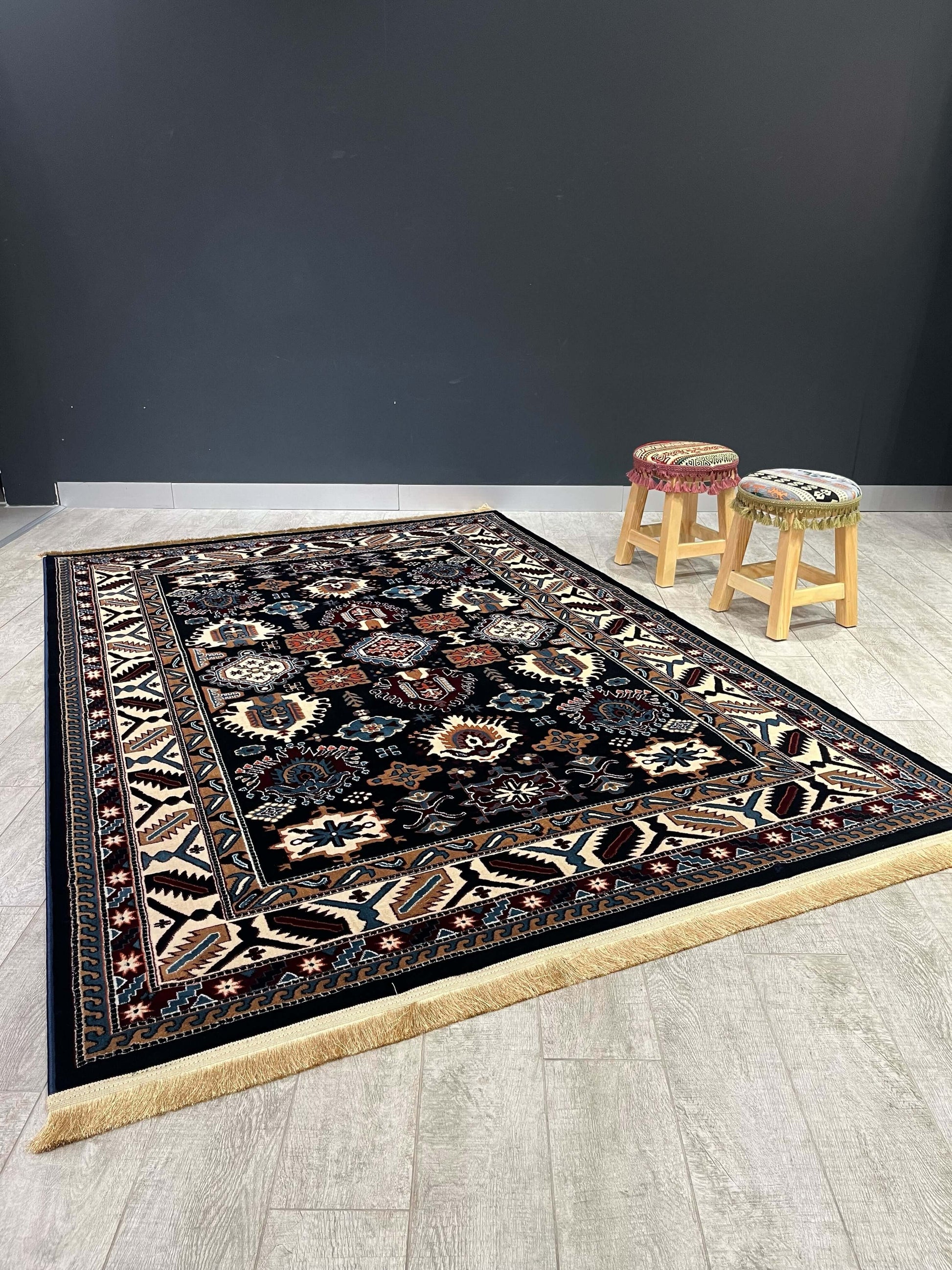 Asaryun Turkish Rugs Bazaar G-Discover the perfect blend of tradition and modernity with our Turkish polyester rug. Featuring a rich blue background with intricate patterns, this durable, easy-to-maintain rug adds elegance to any space. Ideal for high-tra