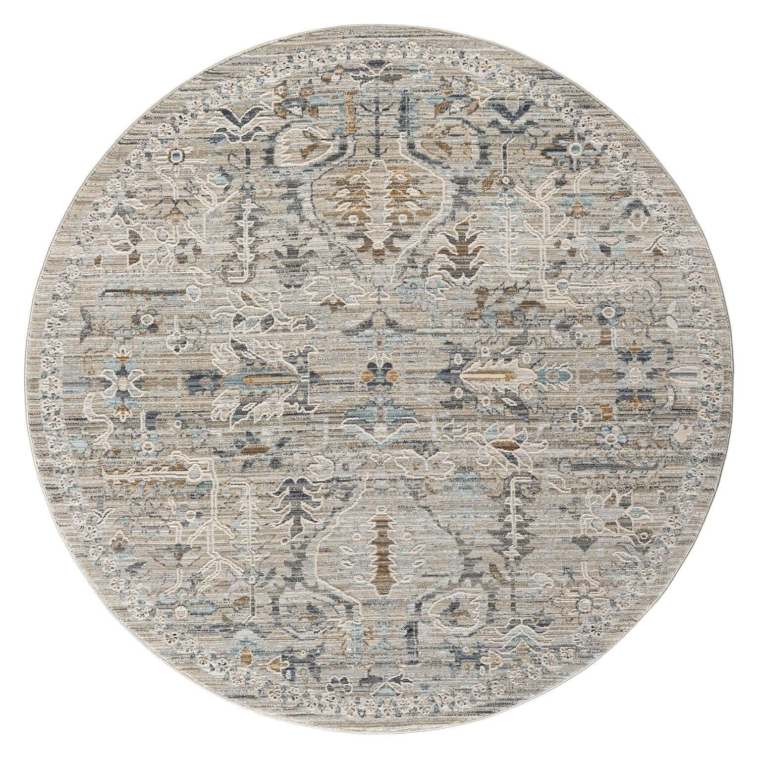 Aubrey 6755 Taupe Round Turkish Rug featuring a modern classic design with muted taupe and blue colors.