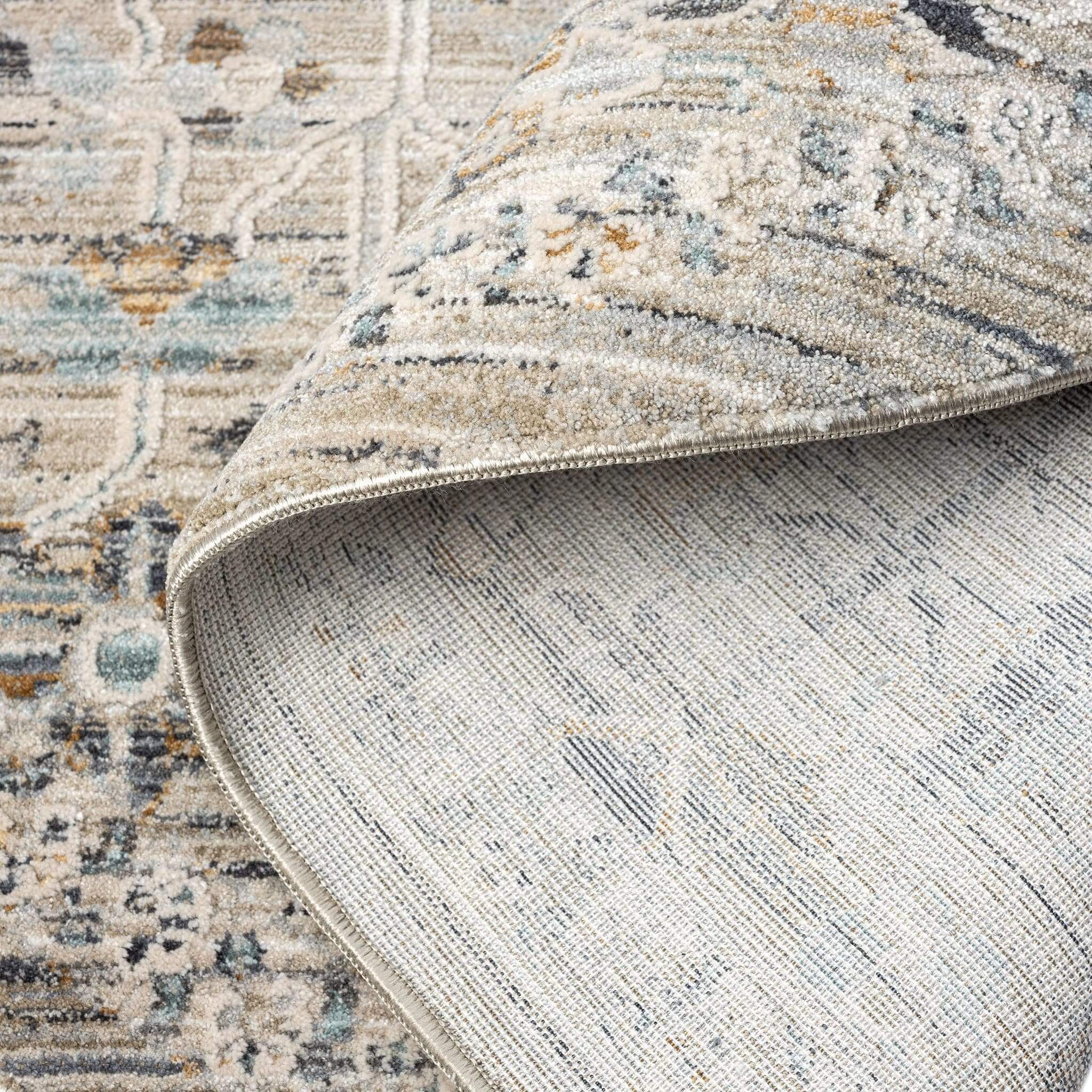 Aubrey 6755 Taupe Round Turkish Rug showcasing cross-woven texture and soft cotton backing, perfect for modern interiors.