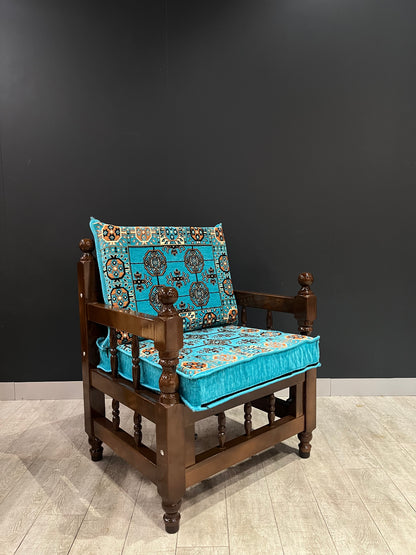 Authentic Armchair (Aqua)-Our Authentic Single Chair is expertly crafted from solid Wood Sedir and features Cotton Cushion covers and firm sponge for optimal comfort. Enjoy the comfort and luxury of this elegant chair. Free height under furniture: 35 cm C