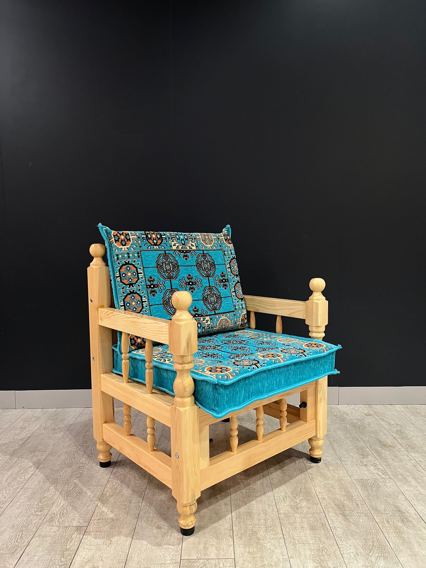 Authentic Armchair (Aqua)-Our Authentic Single Chair is expertly crafted from solid Wood Sedir and features Cotton Cushion covers and firm sponge for optimal comfort. Enjoy the comfort and luxury of this elegant chair. Free height under furniture: 35 cm C