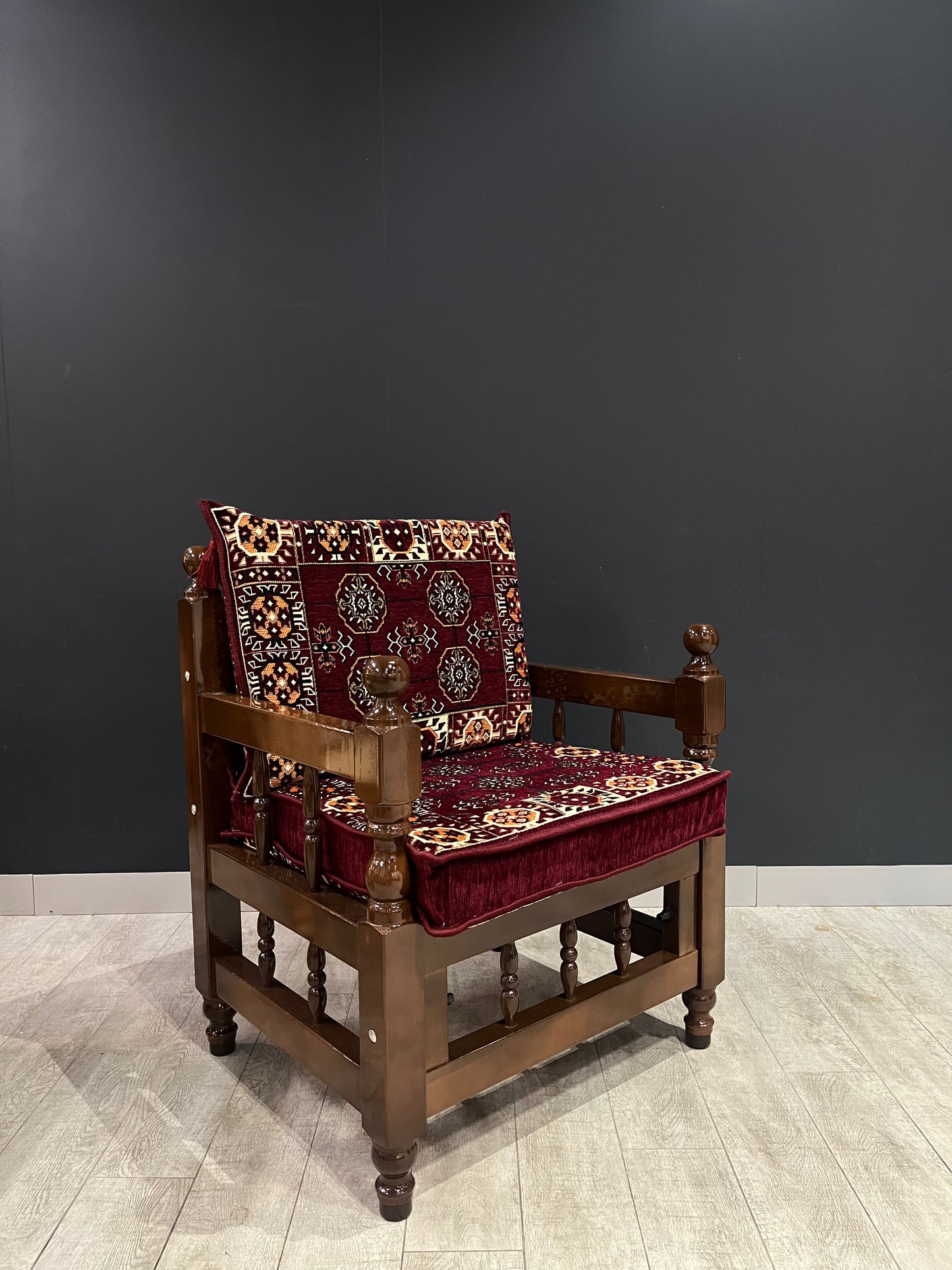 Authentic Armchair (Dark Red Diamond)-Our Authentic Single Chair is expertly crafted from solid Wood Sedir and features Cotton Cushion covers and firm sponge for optimal comfort. Enjoy the comfort and luxury of this elegant chair. Free height under furnit