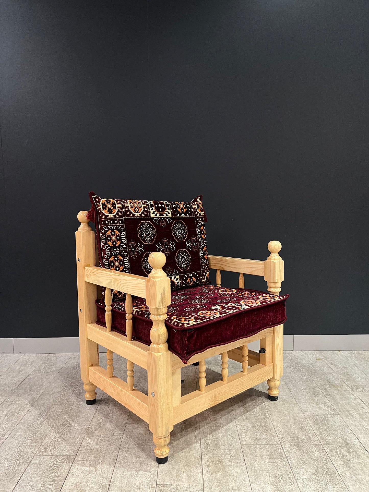 Authentic Armchair (Dark Red Diamond)-Our Authentic Single Chair is expertly crafted from solid Wood Sedir and features Cotton Cushion covers and firm sponge for optimal comfort. Enjoy the comfort and luxury of this elegant chair. Free height under furnit