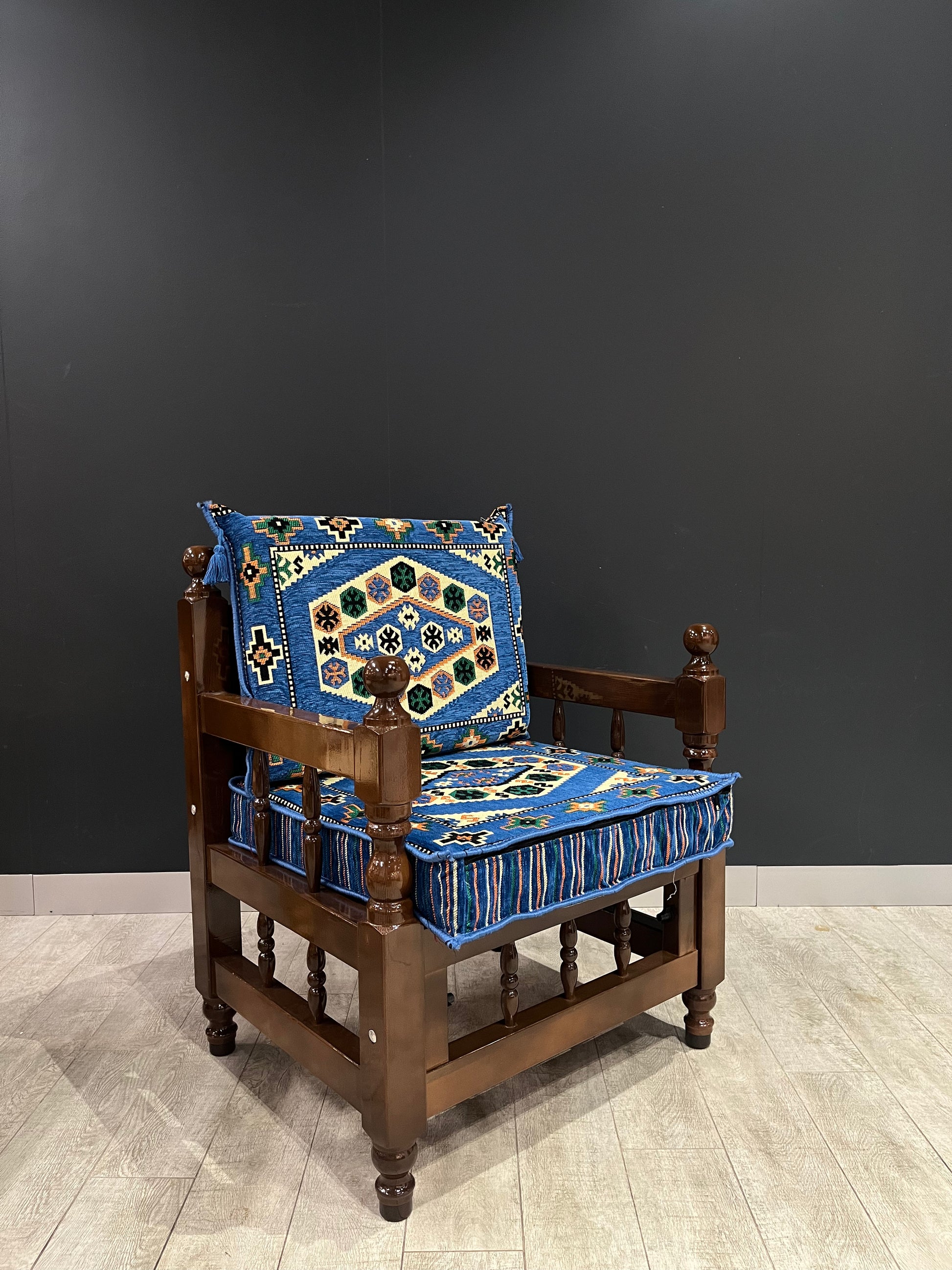 Authentic Armchair (Majlis Blue Classic)-Our Authentic Single Chair is expertly crafted from solid Wood Sedir and features Cotton Cushion covers and firm sponge for optimal comfort. Enjoy the comfort and luxury of this elegant chair. Free height under fur