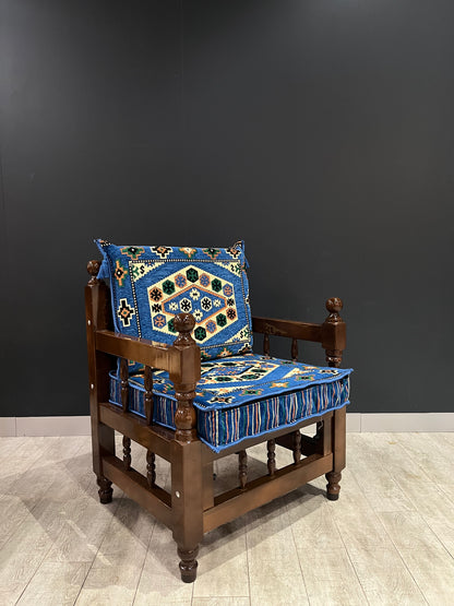 Authentic Armchair (Majlis Blue Classic)-Our Authentic Single Chair is expertly crafted from solid Wood Sedir and features Cotton Cushion covers and firm sponge for optimal comfort. Enjoy the comfort and luxury of this elegant chair. Free height under fur