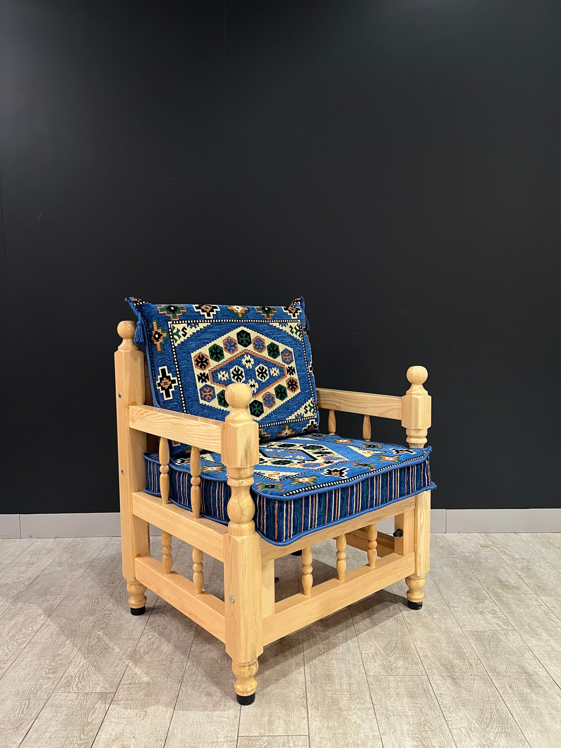 Authentic Armchair (Majlis Blue Classic)-Our Authentic Single Chair is expertly crafted from solid Wood Sedir and features Cotton Cushion covers and firm sponge for optimal comfort. Enjoy the comfort and luxury of this elegant chair. Free height under fur