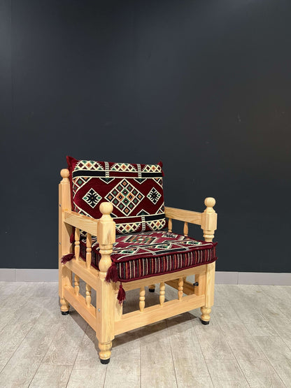 Authentic Armchair (Majlis Maroon Authentic)-Our Authentic Single Chair is expertly crafted from solid Wood Sedir and features Cotton Cushion covers and firm sponge for optimal comfort. Enjoy the comfort and luxury of this elegant chair. Free height under