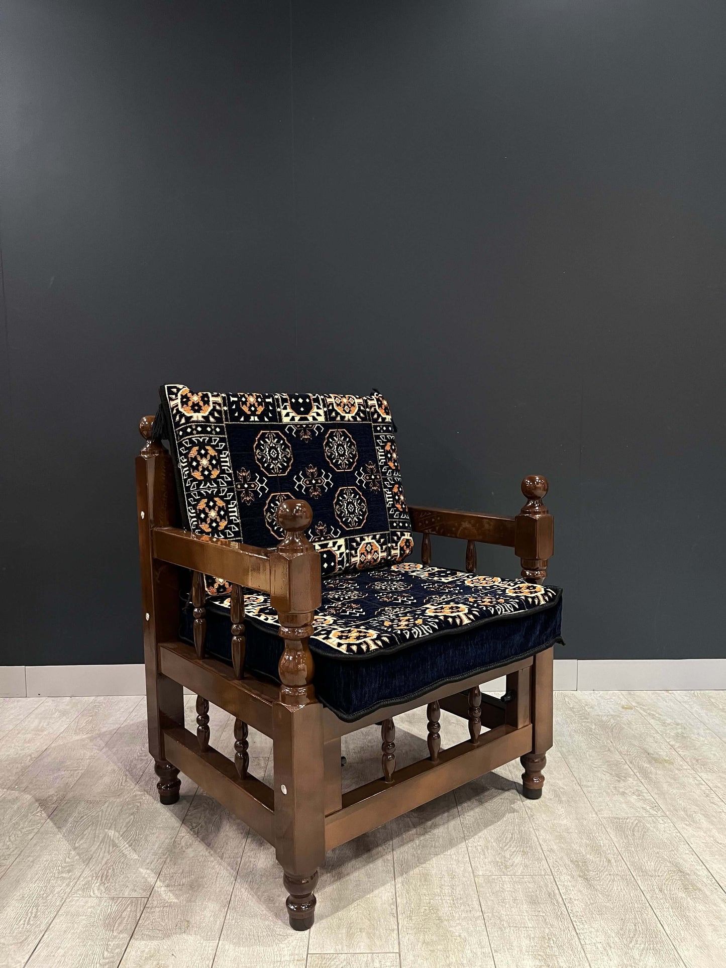 Authentic Armchair (Navy)-Our Authentic Single Chair is expertly crafted from solid Wood Sedir and features Cotton Cushion covers and firm sponge for optimal comfort. Enjoy the comfort and luxury of this elegant chair. Free height under furniture: 35 cm C