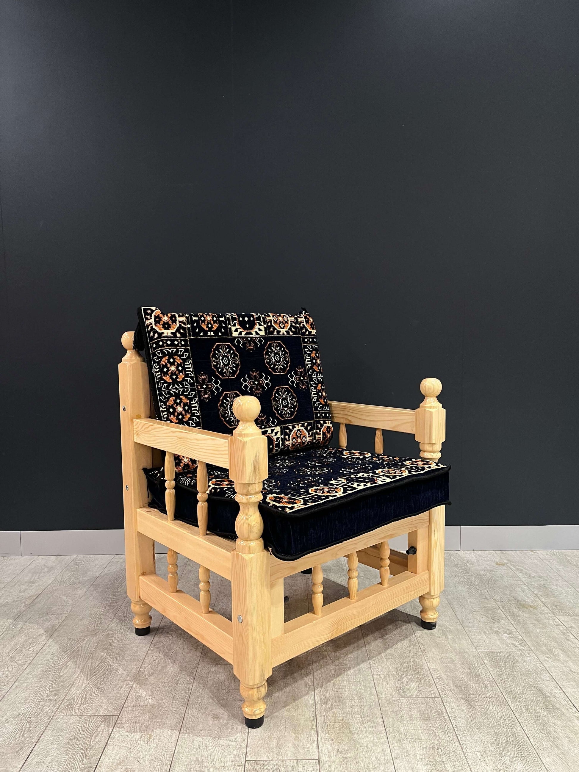 Authentic Armchair (Navy)-Our Authentic Single Chair is expertly crafted from solid Wood Sedir and features Cotton Cushion covers and firm sponge for optimal comfort. Enjoy the comfort and luxury of this elegant chair. Free height under furniture: 35 cm C