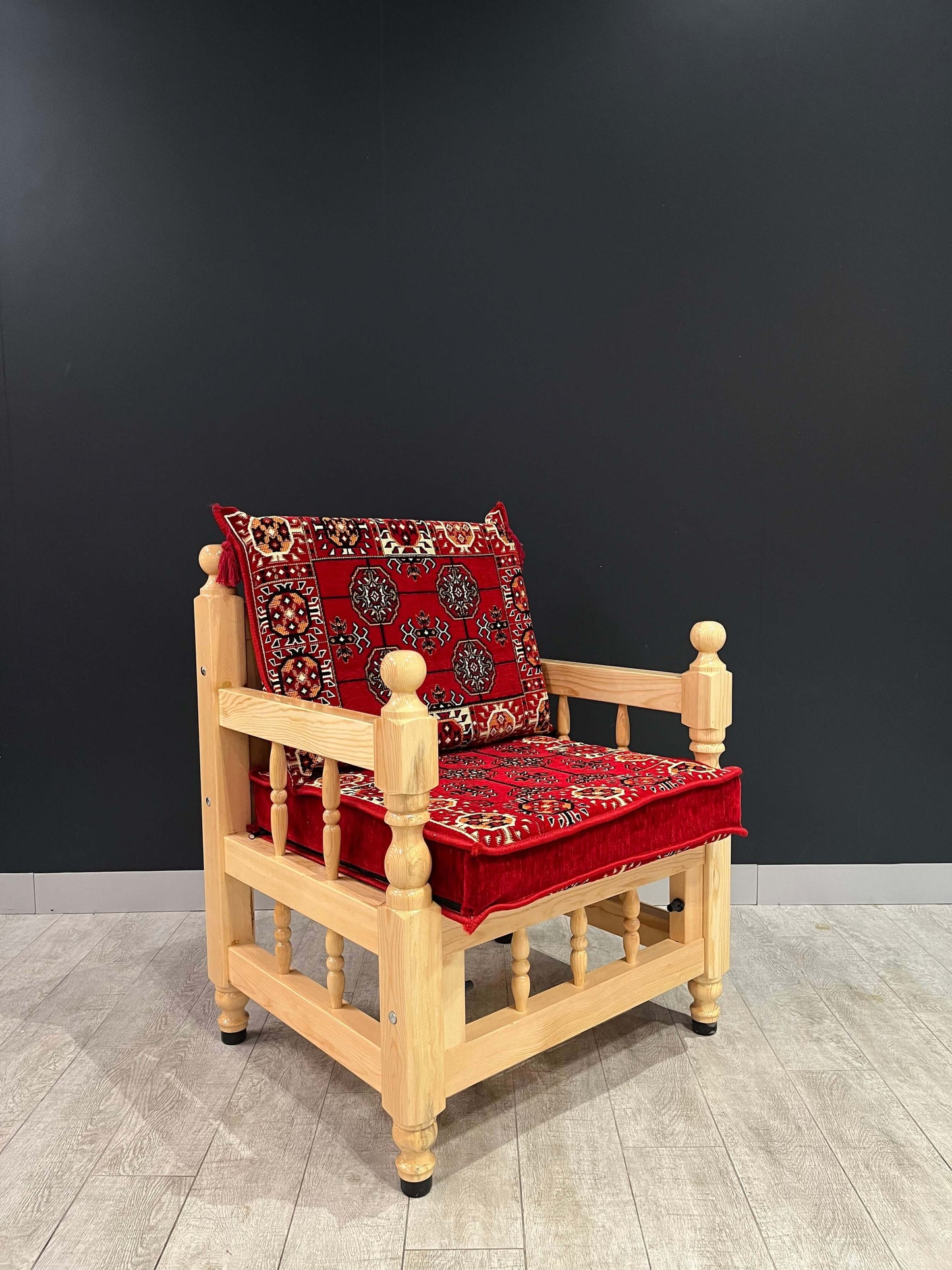 Authentic Armchair (Red Diamond)-Our Authentic Single Chair is expertly crafted from solid Wood Sedir and features Cotton Cushion covers and firm sponge for optimal comfort. Enjoy the comfort and luxury of this elegant chair. Free height under furniture: