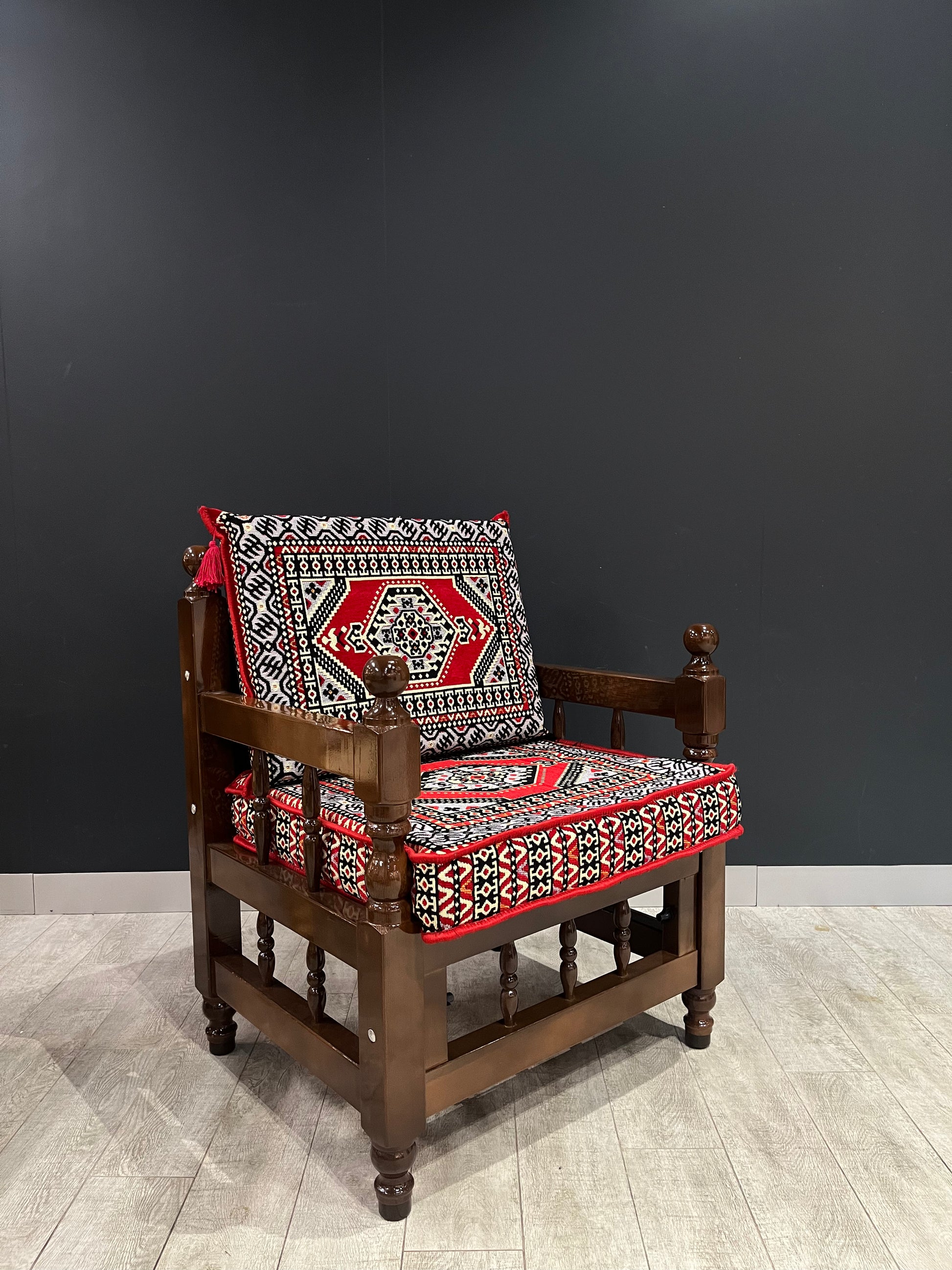 Authentic Armchair (Red Palace)-Our Authentic Single Chair is expertly crafted from solid Wood Sedir and features Cotton Cushion covers and firm sponge for optimal comfort. Enjoy the comfort and luxury of this elegant chair. Free height under furniture: 3