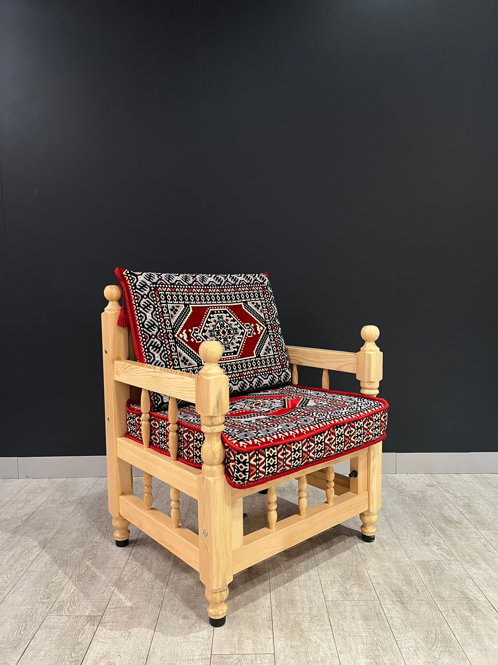Authentic Armchair (Red Palace)-Our Authentic Single Chair is expertly crafted from solid Wood Sedir and features Cotton Cushion covers and firm sponge for optimal comfort. Enjoy the comfort and luxury of this elegant chair. Free height under furniture: 3