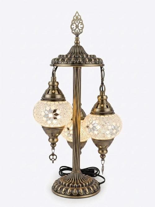 Authentic Turkish mosaic table lamp with three globes and antique brass finish, adding elegance to any space.
