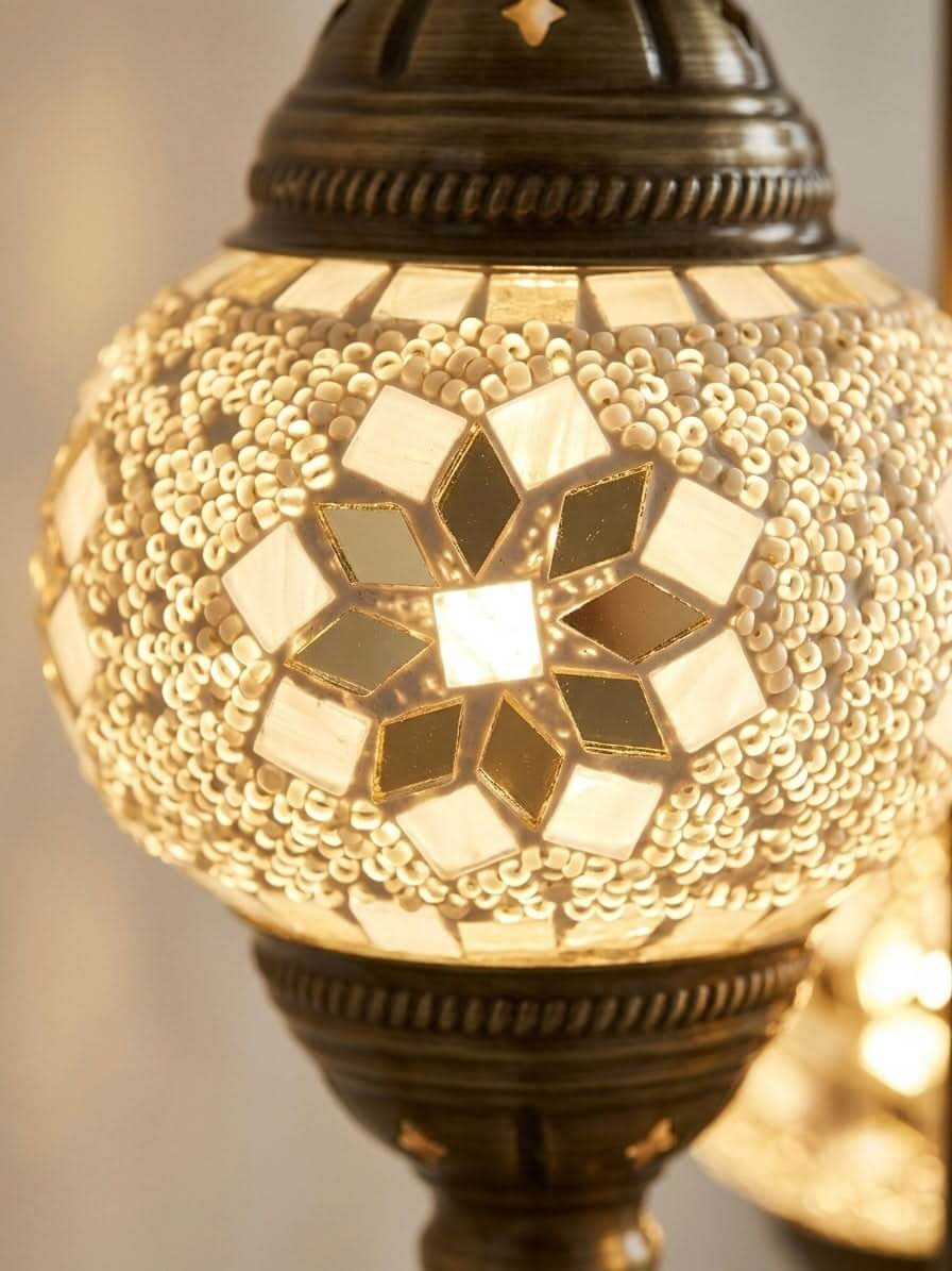 Close-up view of the intricately designed globe of an authentic Turkish mosaic table lamp.