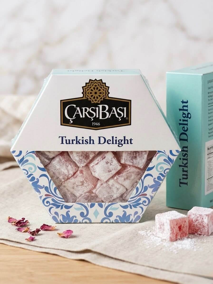 Authentic Çarşıbaşı Rose Flavored Turkish Delight (Lokum) 300g beautifully packaged in hexagonal box.